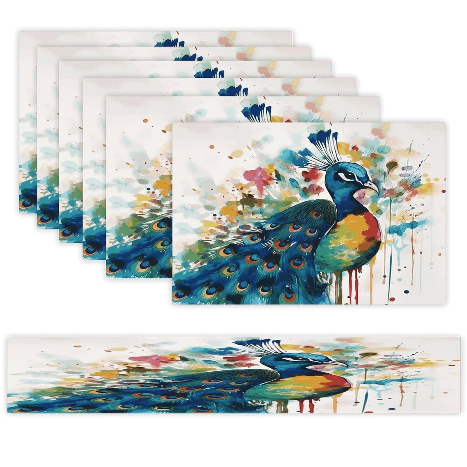 Watercolor Peacock Table Runner and Placemats Set of 6 for Kitchen Washable Table Mats Heat Resistant Place Mats Non-Slip Place Mat Wipeable Placemat(6 Placemats+1 Table Runner)