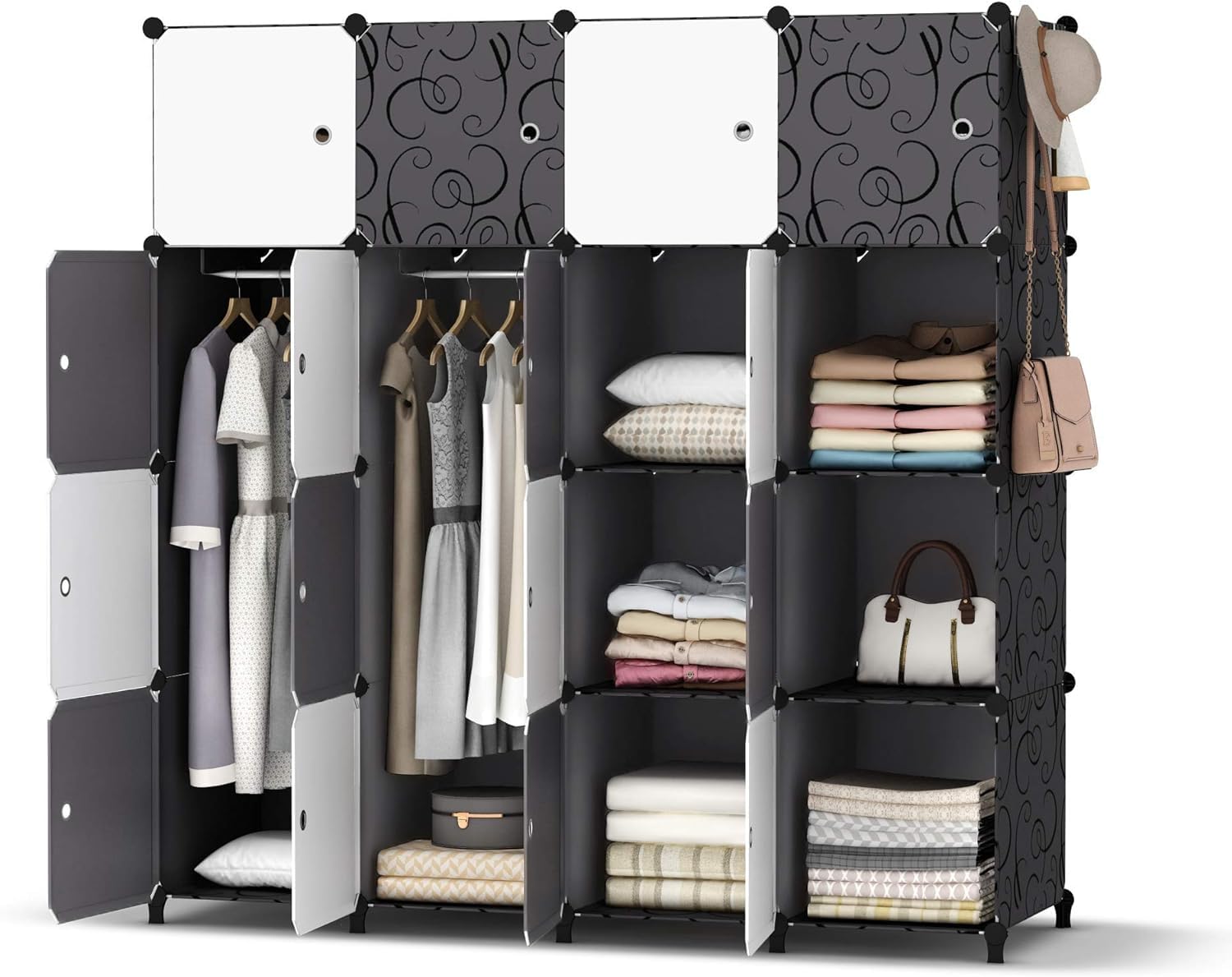 HOMIDEC Kleiderschrank, Tragbarer Regalsystem Schrank Schlafzimmer, 16 Würfel Schrank aus Kunststoff mit 3 Kleiderstange, Schlaf zimmerschrank (schwarz und weiß)