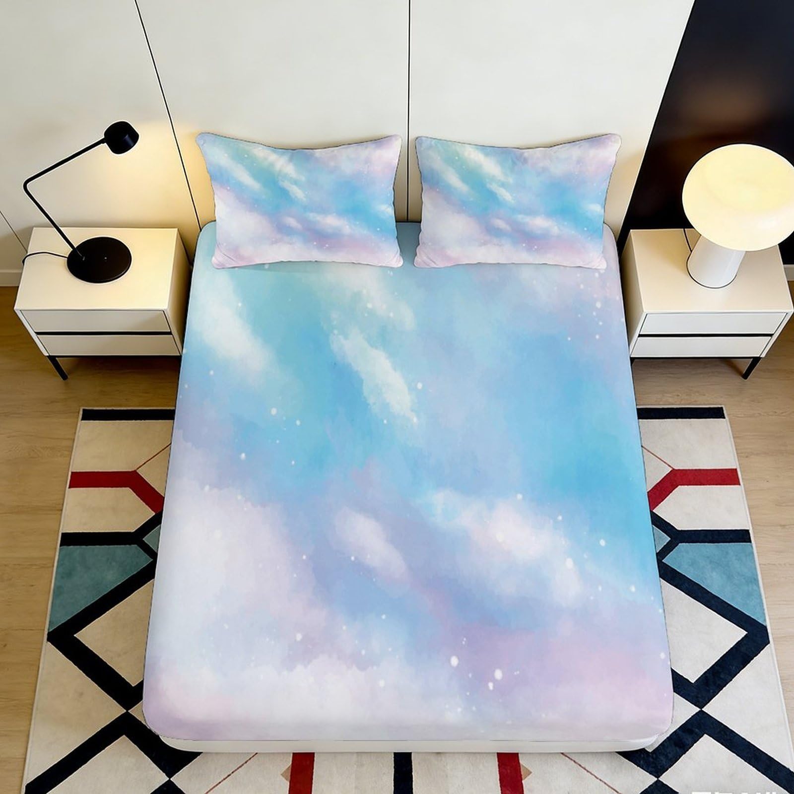 3D Printed Cloud Sky Fitted Sheet Microfiber Soft Breathable Pastel Color Bed Cover for Bedroom Dormitory Guest Room Mattress Protection Decor 180x200x25cm