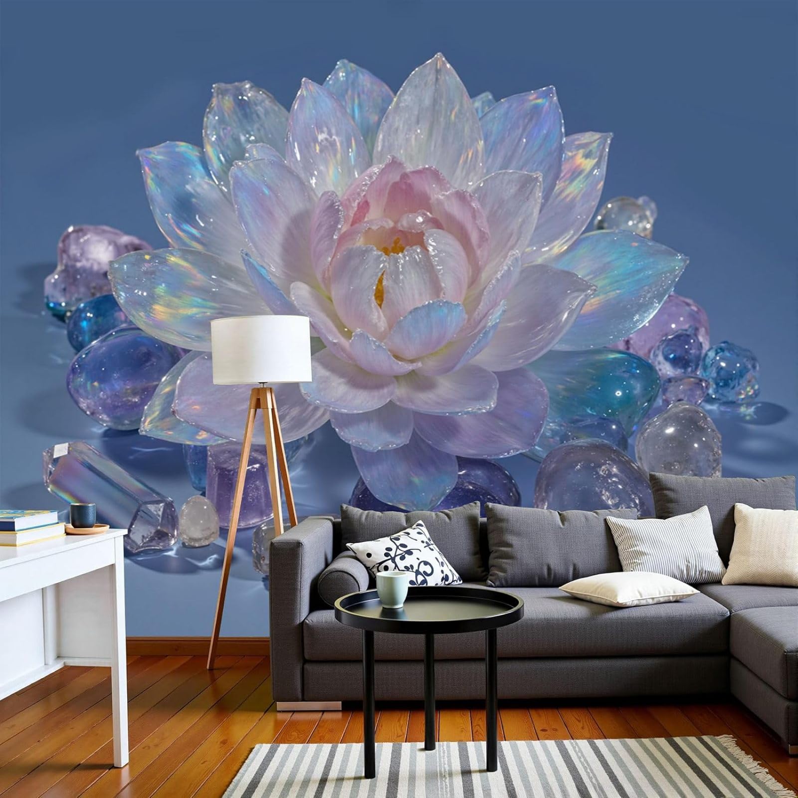 Papier peint intissé bleu et fresque murale salon chambre : motif floral grand format