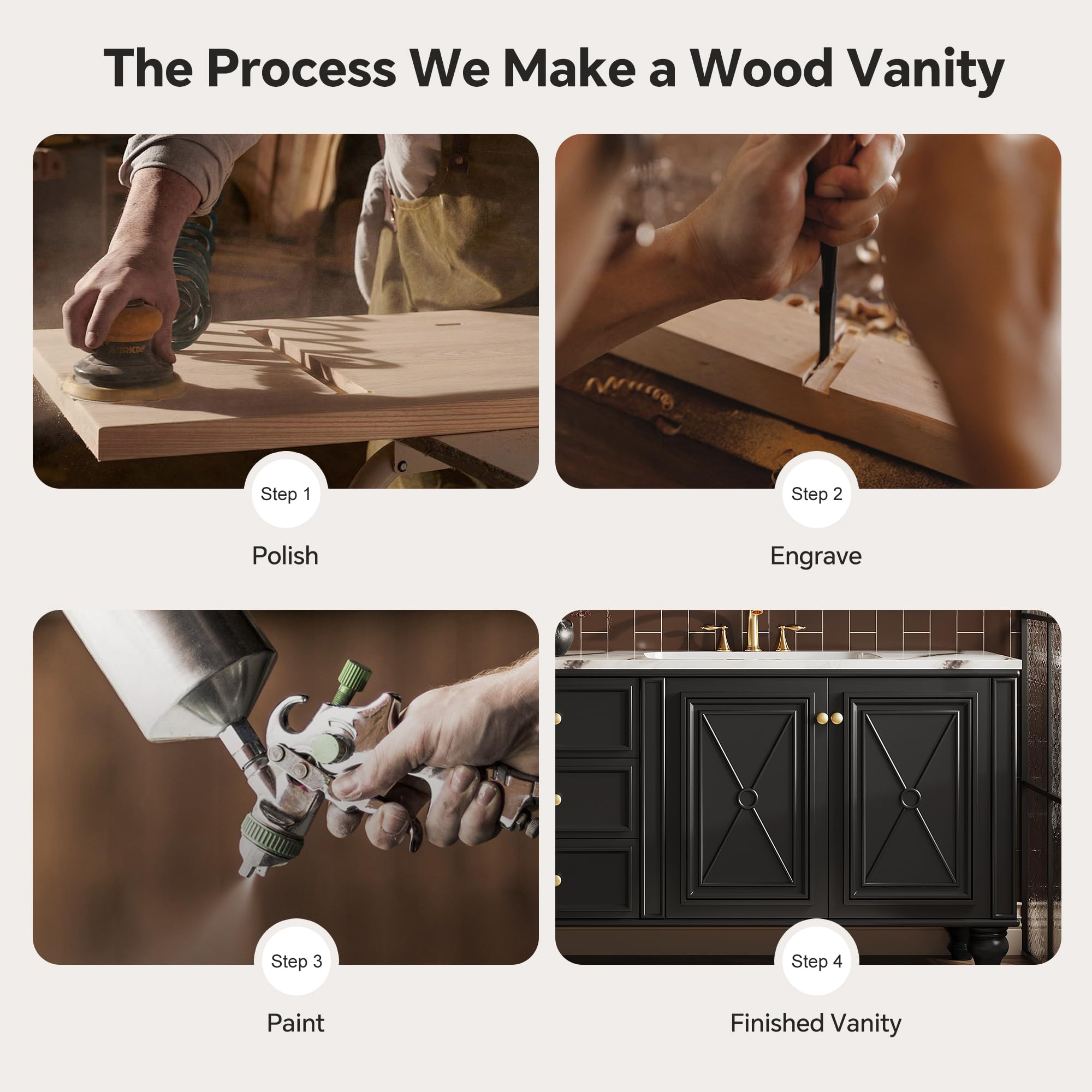 Vanity - Mobile da bagno con doppio lavabo, in legno massello, moderno, elegante e funzionale, per ristrutturazione e ristrutturazione della casa