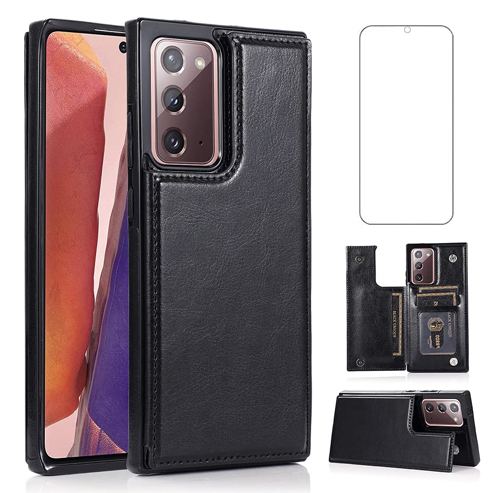 NKECXKJ Design for Samsung Galaxy Note 20 5G Wallet Phone Case with Tempered Glass Screen Protector Credit Card Holder Slot, Leather Stand Kickstand Magnetic Back Flip Protective Cover Cases Black