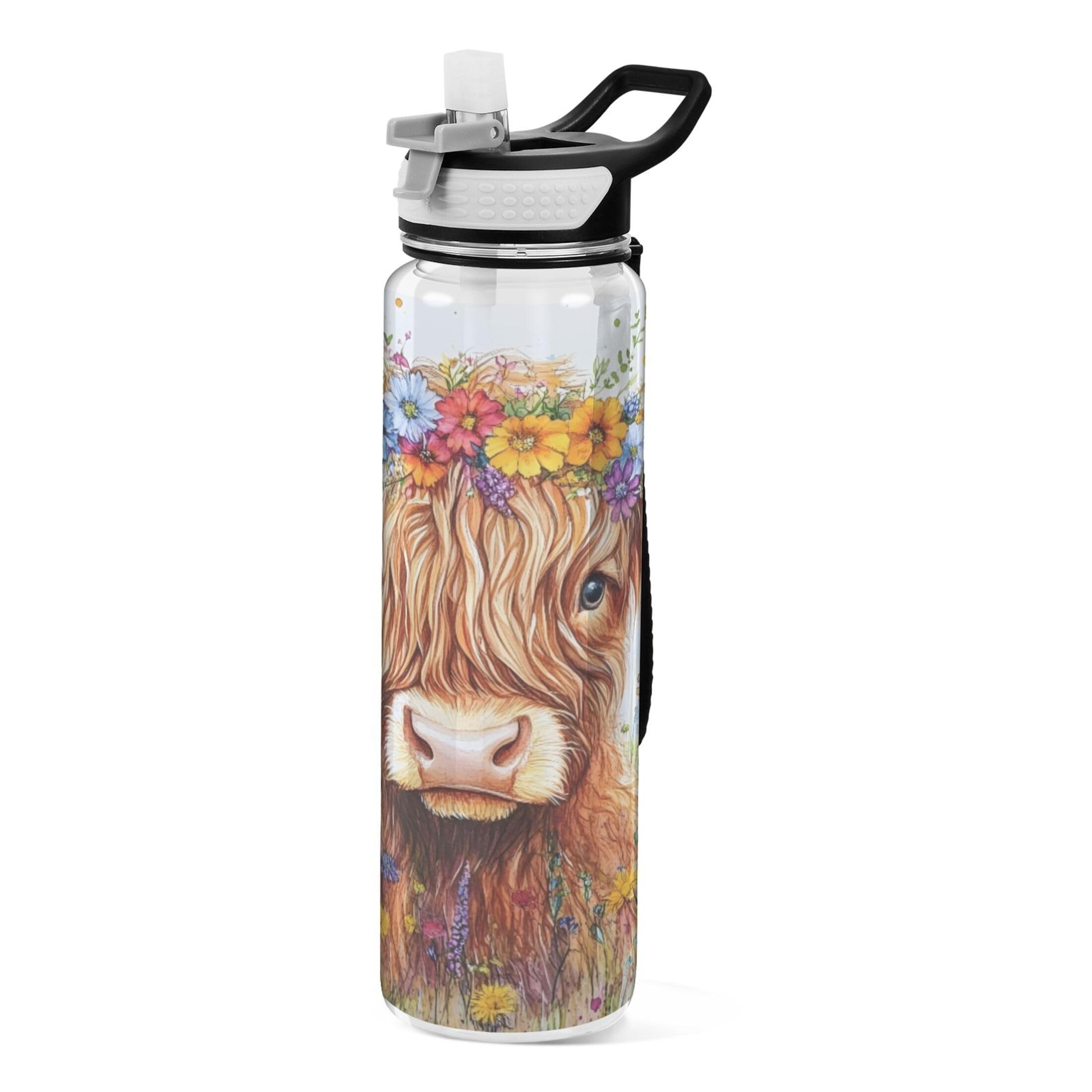 Sevdomey Adorable Highland Cow Water Bottle with Straw Lid Clear Leakproof Gym Water Bottles for Outdoor Sport Drinking Fitness Workout Travel, 32 oz