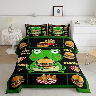 Frog Full Size Comforter Set for Kids Kawaii Frog Decor Down Comforter Fries Burger Food Bedding Set Women Men Boys Girls Teens Soft Decor Cute Cartoon Animal Quilt, Green Black Boys
