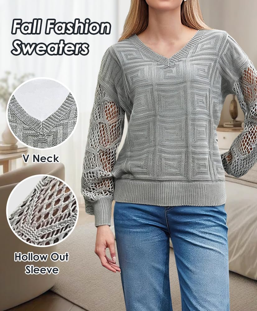 Women Sweater Long Sleeve Tops - V Neck Fall Sweaters, Knitted Lightweight Pullover Top, Hollow Out Casual Outfits - Image 2