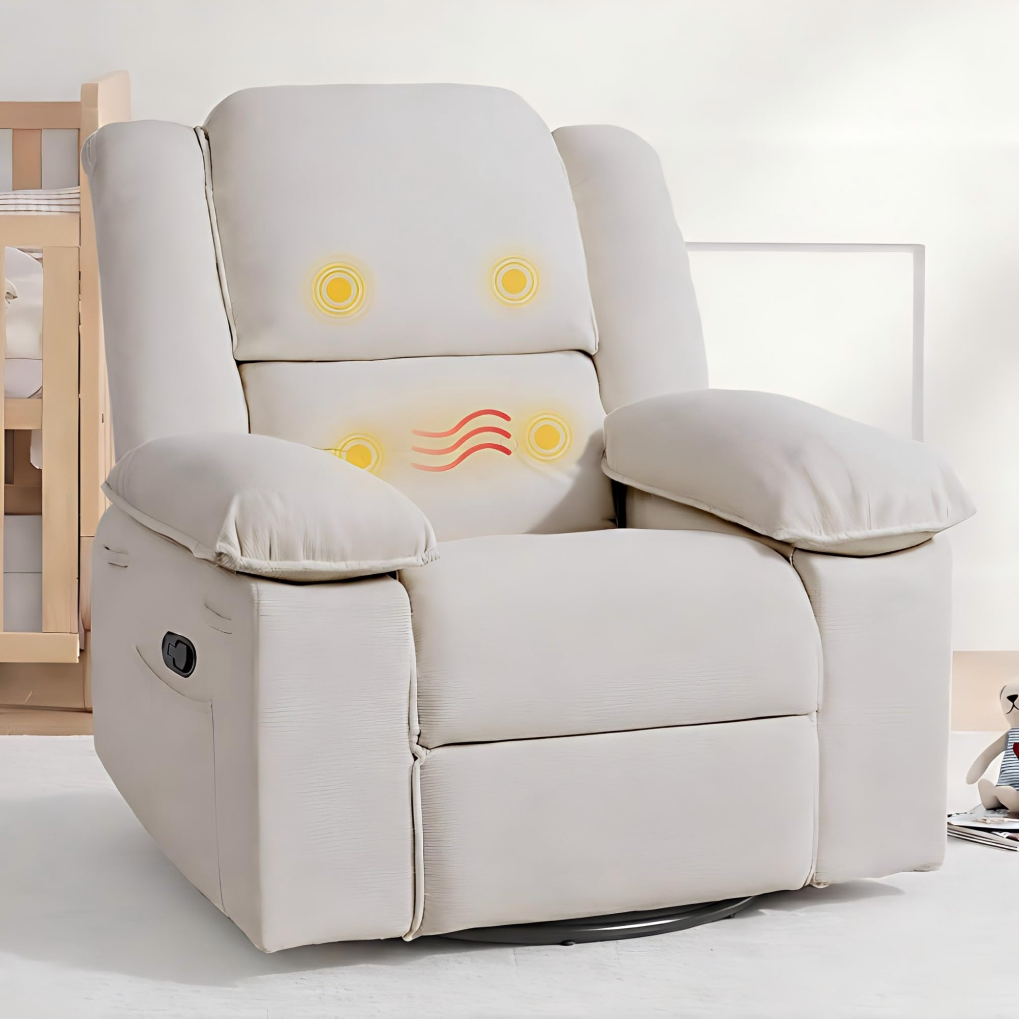 Softa Swivel Rocker Recliner for Adults, Manual Reclining Chair with Massage & Heat, Side Pocket, Compact Nursery Glider Recliner for Living Room,