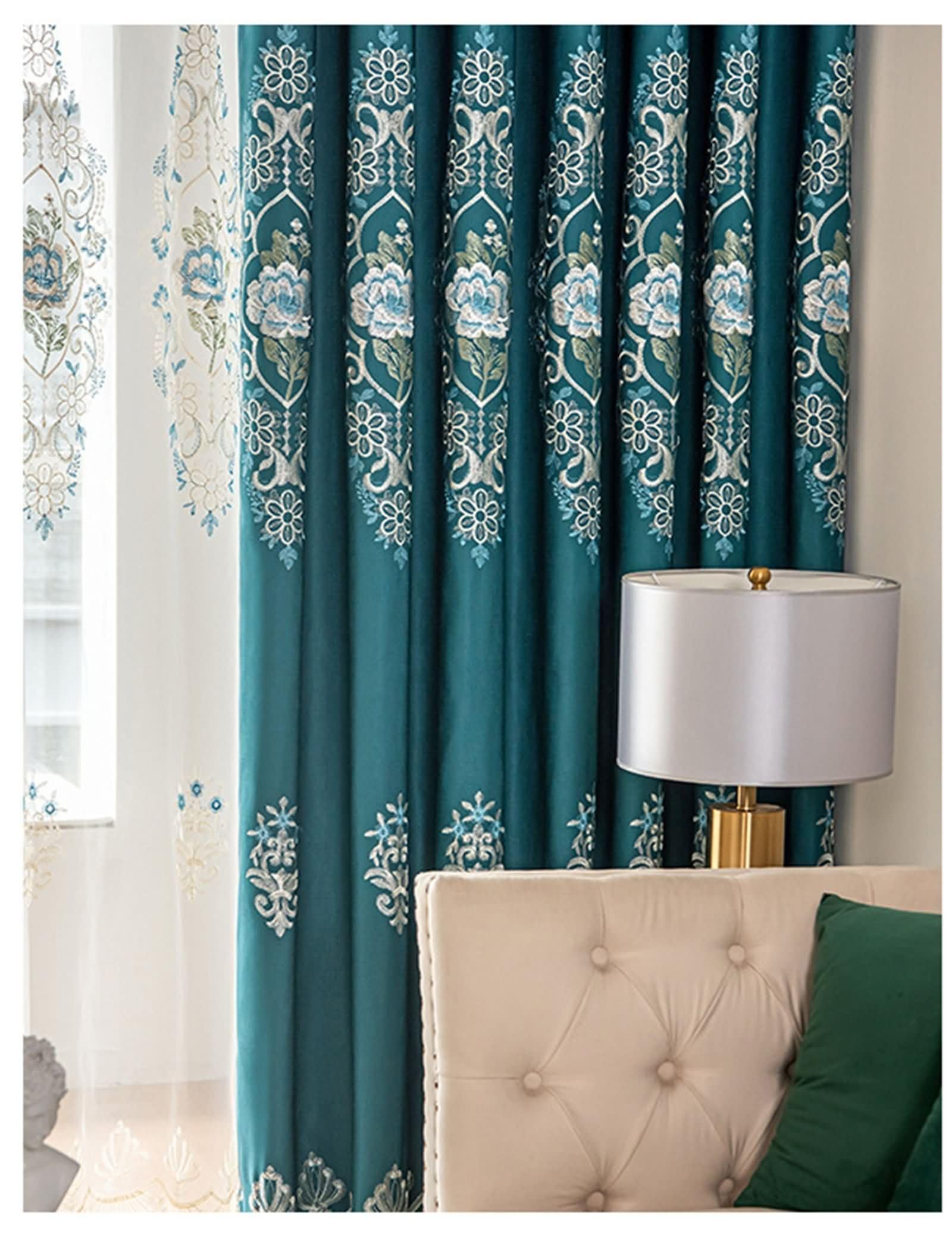 Tenda Gancio,2 x 102W x 214H CM,Tende Oscurante da Interni 2 Pezzi Motivo Ricamato Tenda da Camera da Letto Blu Verde