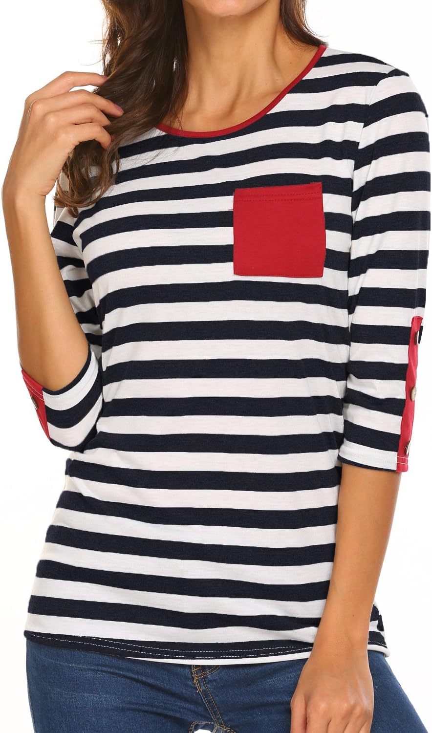 Womens 3/4 Sleeve Striped Shirts Casual Basic Tee Blouses with Pockets Buttons
