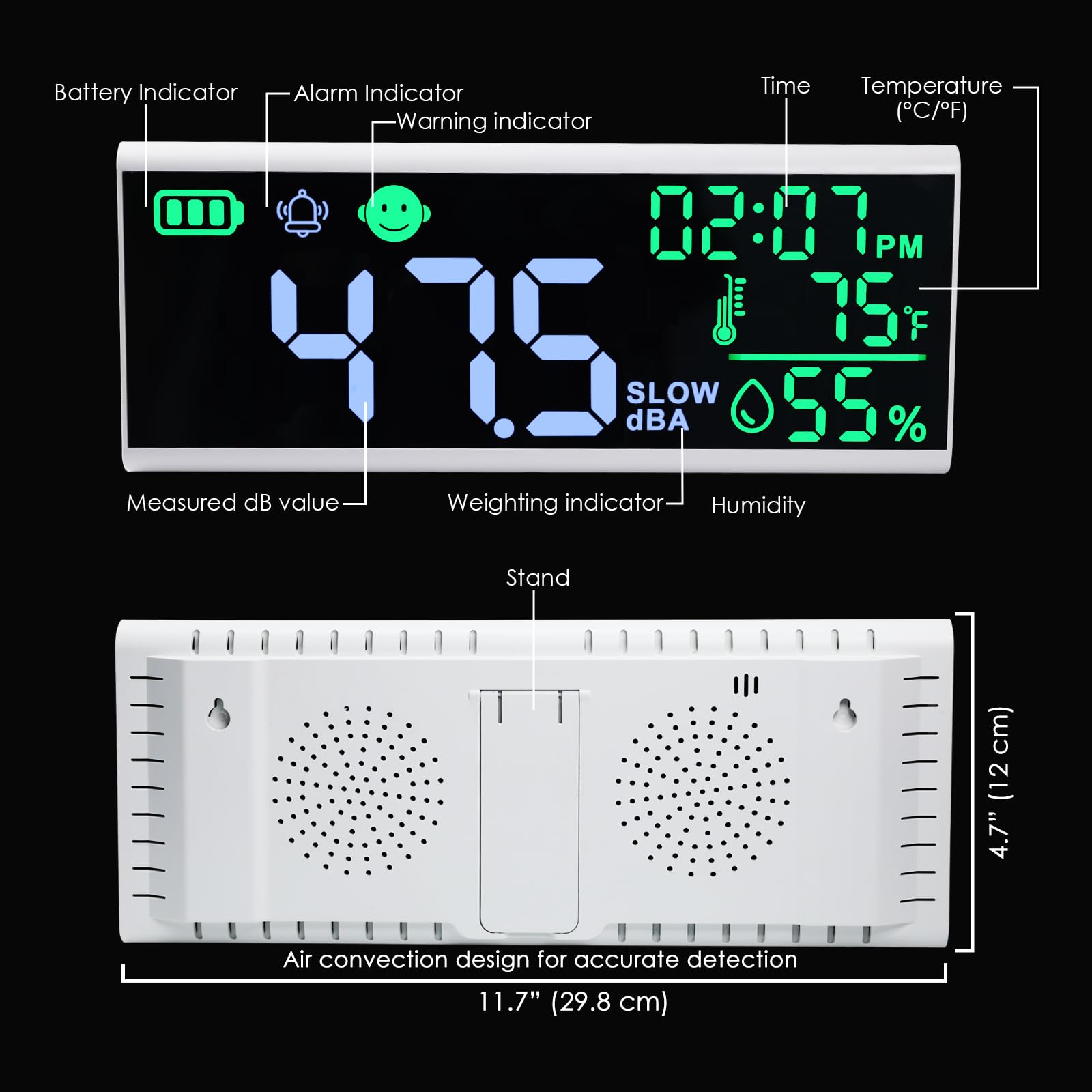 Medidor de decibelios de sonido de 13 pulgadas que muestra el tiempo, temperatura, humedad, medidor de nivel de sonido montado en la pared y escritorio con indicador de iconos de alarma de zumbador,