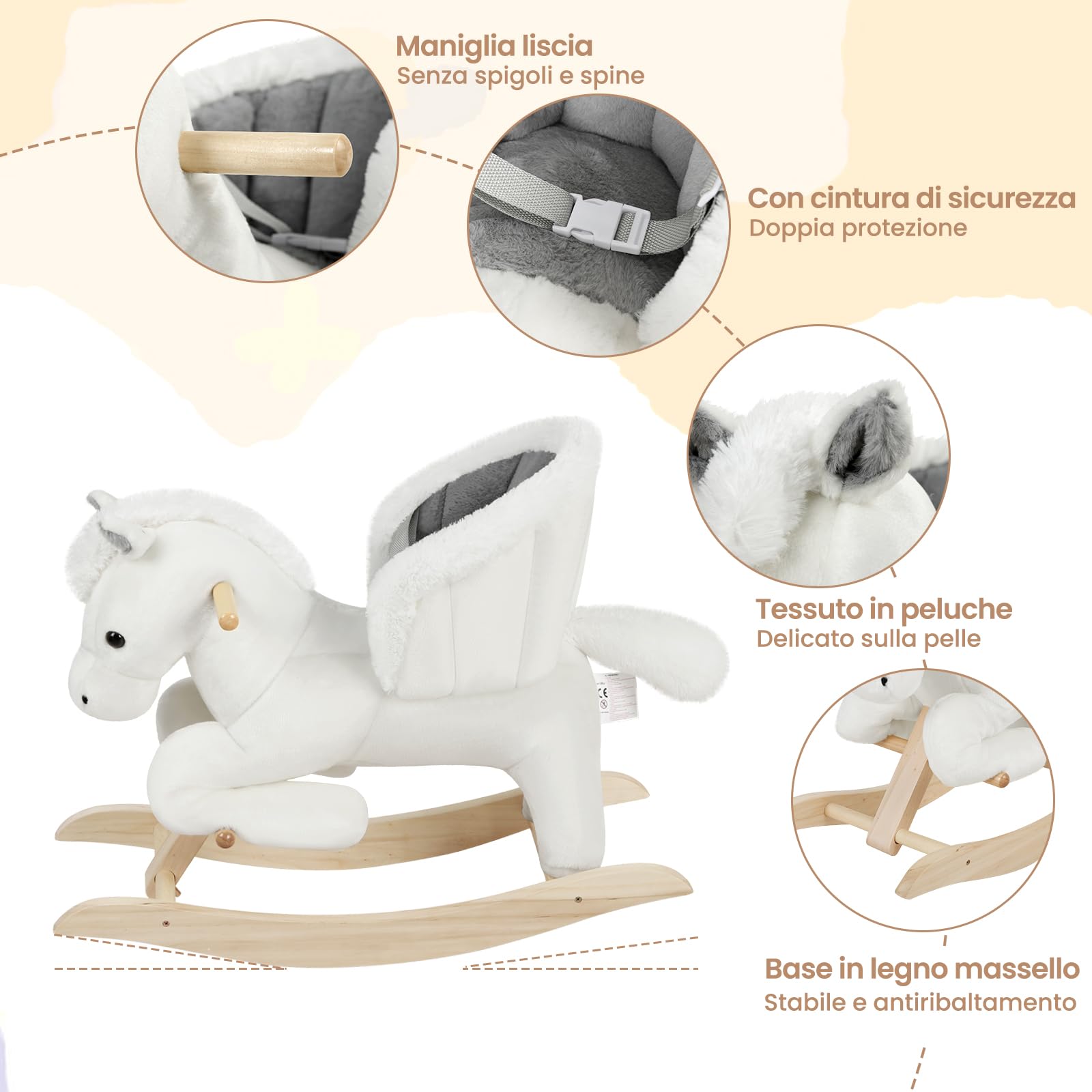 WOLTU Cavallo a Dondolo in Legno per Bambini 1-3 Anni, Cavalluccio in Peluche Cavalcabile con Suoni, Cintura di Sicurezza e Schienale Alto, Giocattolo Regalo per Bambino e Bambina, Bianco e Grigio