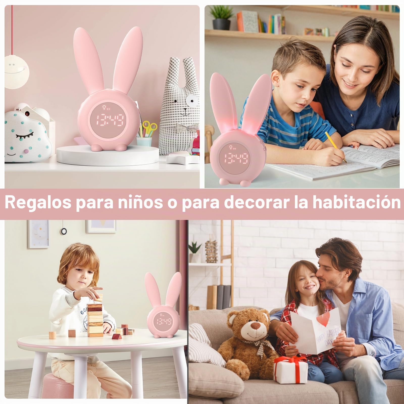 Homealexa Reloj Despertador de Conejo, Conejito Animal Lindo mesita de Noche con luz Nocturna + 6 música Interesante + Función de Cuenta Regresiva, Regalo para niños niños Estudiantes