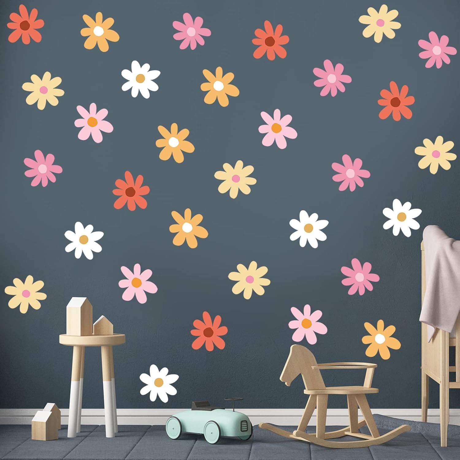 BBTO Daisy Wall Decal Flower Vinyl Wall Floral Decals Peel and Stick Daisy Stickers for Kids Nursery Art Bedroom Living Room(Pink, White, Orange)