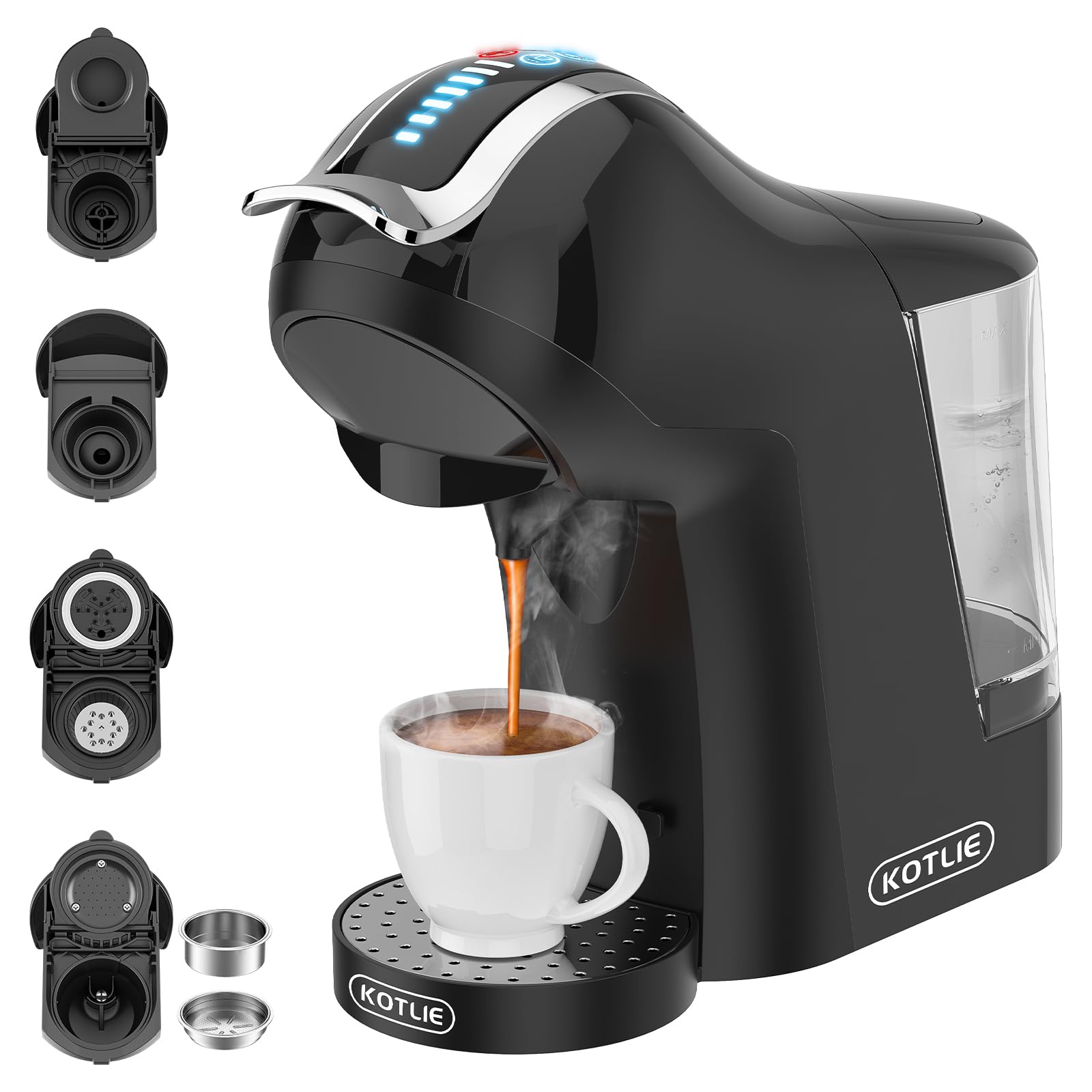 KOTLIE Macchina da caffè 5 in 1 con estrazione a freddo e a caldo per Nespresso Original/per Dolce Gusto/Caffè macinato/ESE (44 mm)/per Lavazza a modo mio(EM-308A) Nero