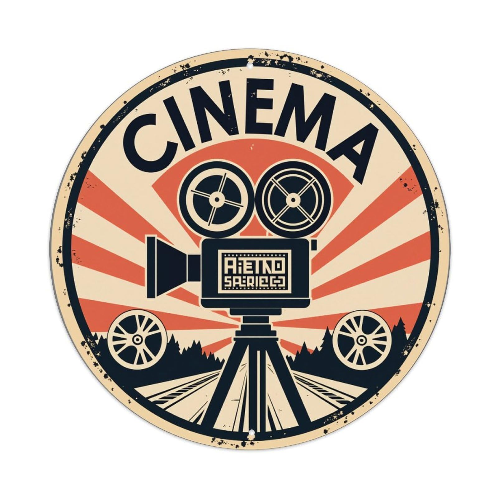 Cinema Camera Retro Sunburst Mountains Metal Tin Sign Vintage Garden Bedroom Cafe Bar Man Cave Home Wall Decor Metal Poster 8x8 inches
