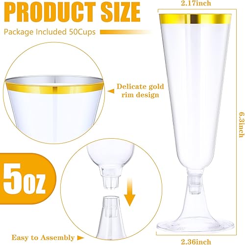 Miniatura 2 de Paquete de 100 copas de champán de plástico de 9 onzas, copas de vino desechables transparentes de 5 onzas, copas de champán con borde dorado, copas