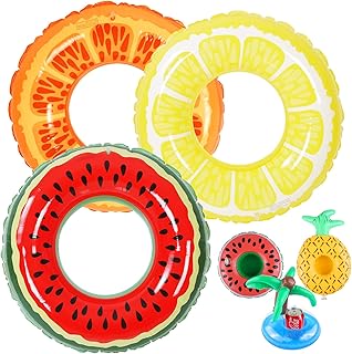 Tounature 3 Pieces Inflatable Fruit Pool Floats Watermelon Orange Lemon Swimming Rings and 3 Pieces Inflatable Drink Holder Cup Coasters Inflatable Tube Floaties Pool Tube, Summer Party Supplies