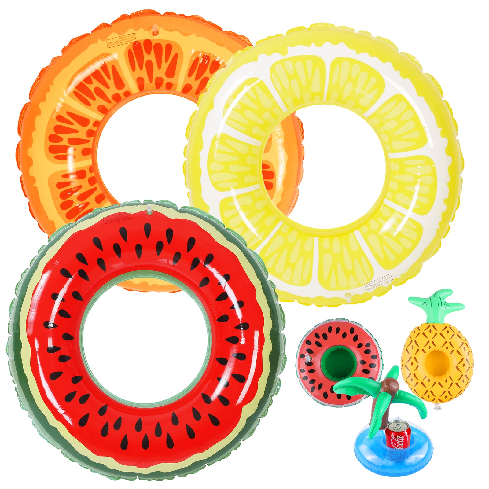 Tounature 3 Pieces Inflatable Fruit Pool Floats Watermelon Orange Lemon Swimming Rings and 3 Pieces Inflatable Drink Holder Cup Coasters Inflatable Tube Floaties Pool Tube, Summer Party Supplies