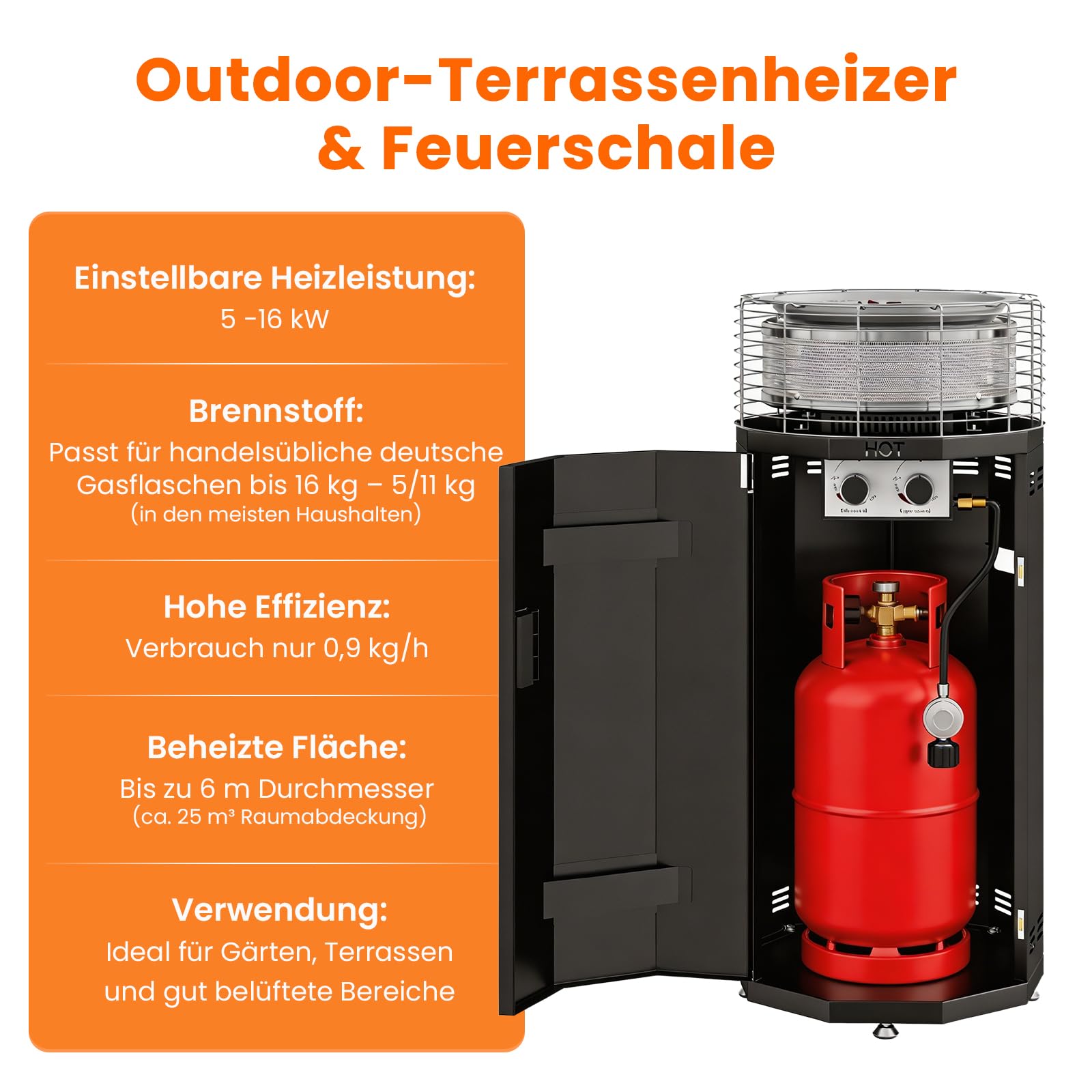 3-in-1 16kW Tragbarer Heizpilz Gas & Feuerrohr für Terrasse – Propangas Terrassenheizer & Feuersäule mit 3 Modi (Flamme/Wärme/Beides) - rauchfrei, Piezo-Zündung - Regler & Schlauch