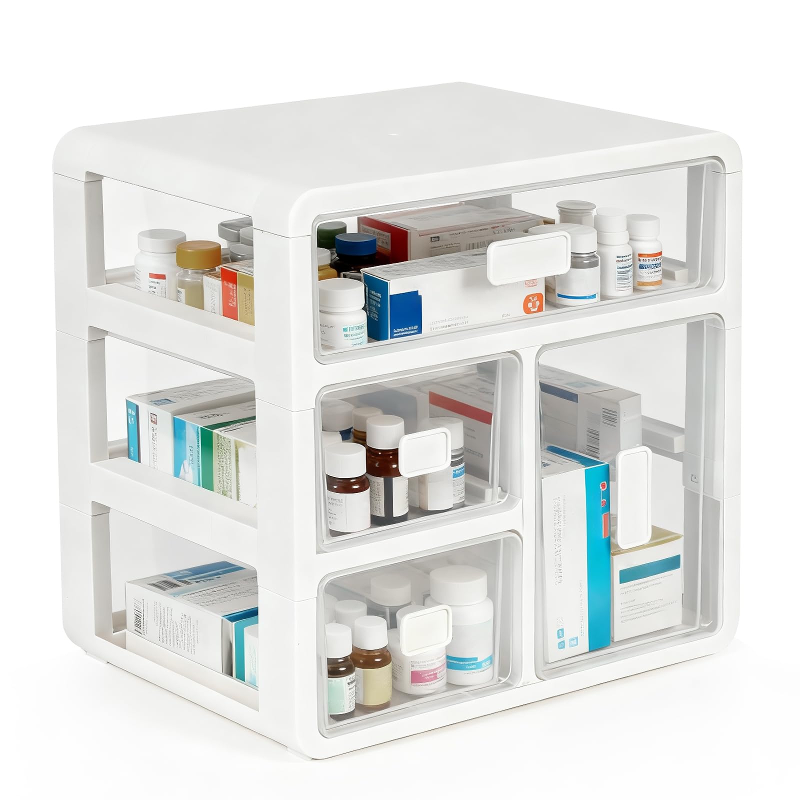 SUNNYNEST Medicine Storage Box 3- Tier Desktop Organiser with 4 Clear Drawers Desktop Medicine Storage for Small Item Cosmetic Office Supplies Jewellery Lipstick