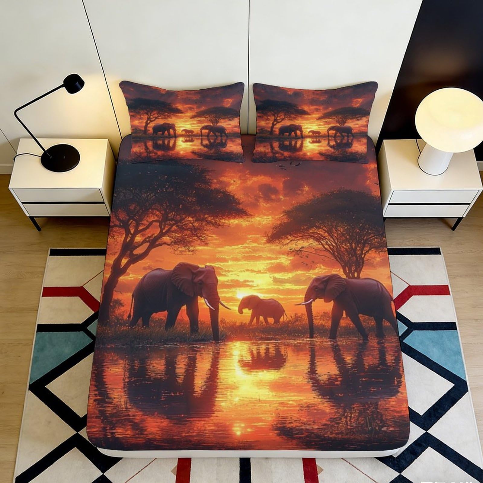 3D Printed Sunset Elephant Fitted Sheet Microfiber Anti-Slip Orange African Nature Mattress Cover for Bedroom Guest Room Decor 140x200x25cm