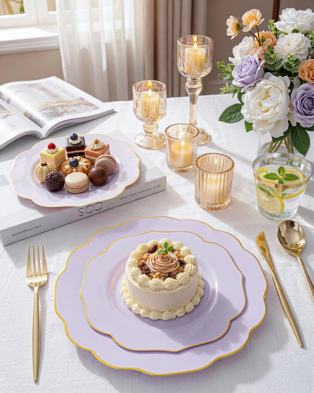 bUCLA 180PCS Purple Plastic Plates - Disposable Purple with Gold Rim, Include 30 Each (Dinner & Salad) Plates, 30 Knives, 30 Forks, 30 Spoons, 30Cups for Party, Easter & Birthday