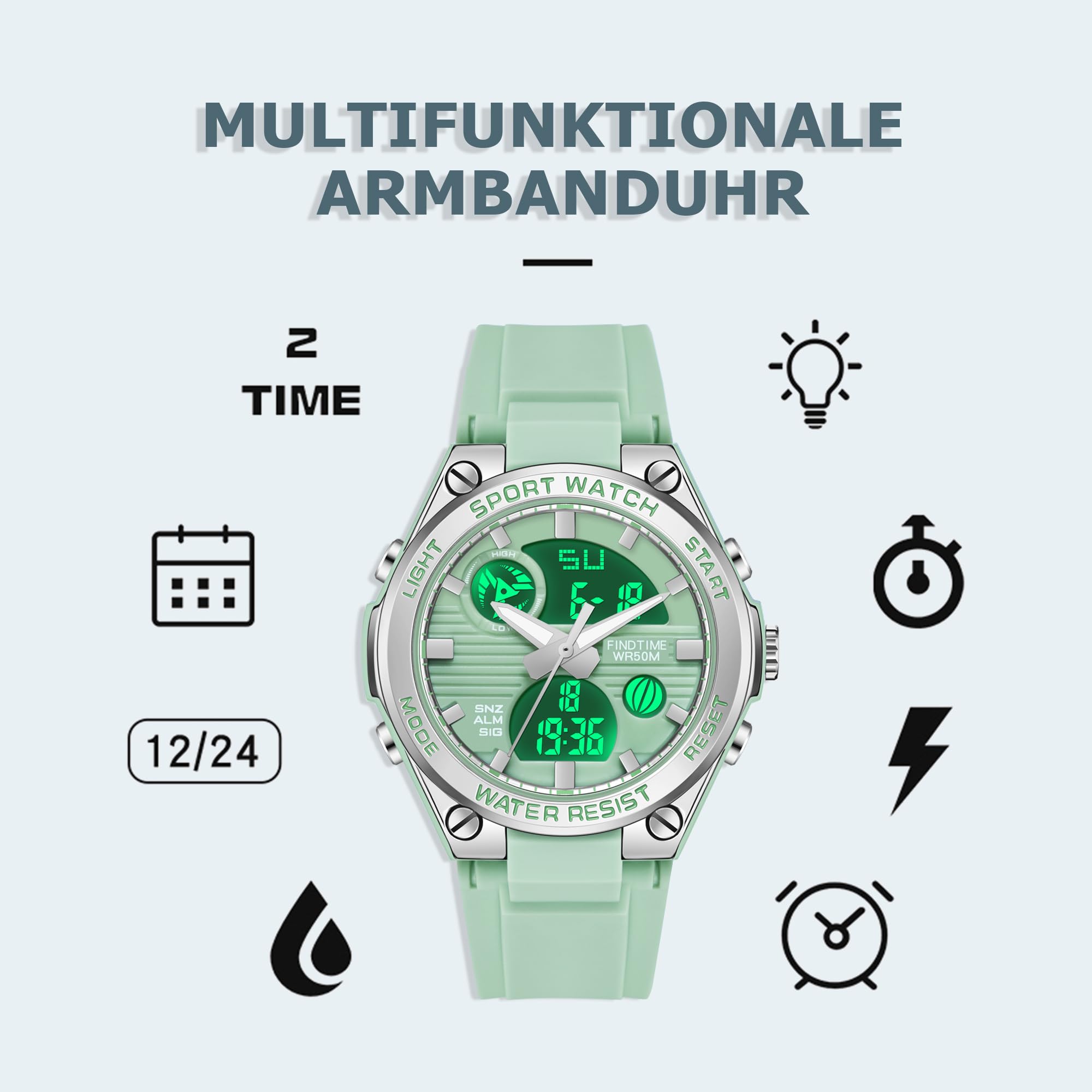 Reloj de pulsera digital para mujer con correa de silicona, resistente al agua hasta 50 m, reloj digital para niñas y jóvenes, reloj deportivo analógico con alarma, fecha, LED electrónico, verde,