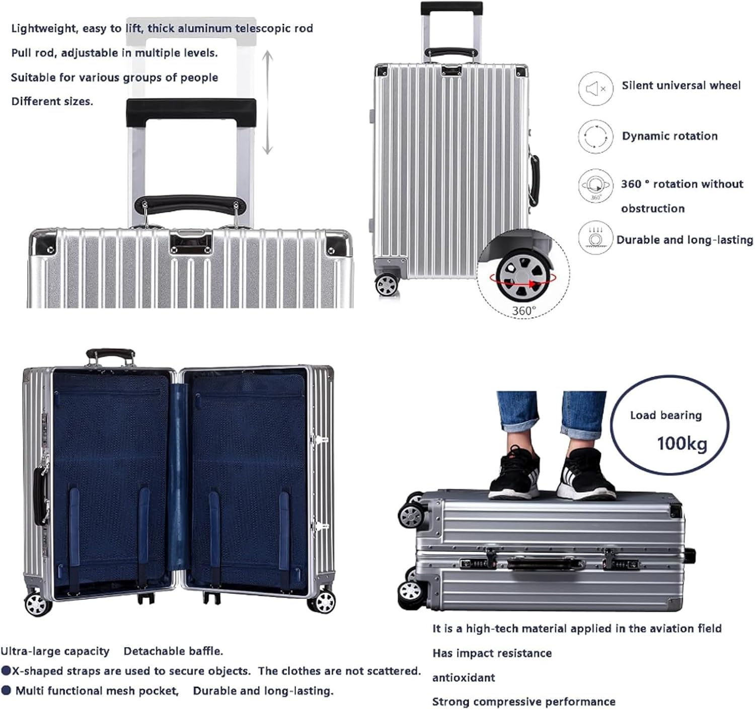 Aluminium Suitcase Large Silver Cabin Suitcase Hand Luggage Suitcase with Spinner Wheels TSA Combination Lock,6,20in