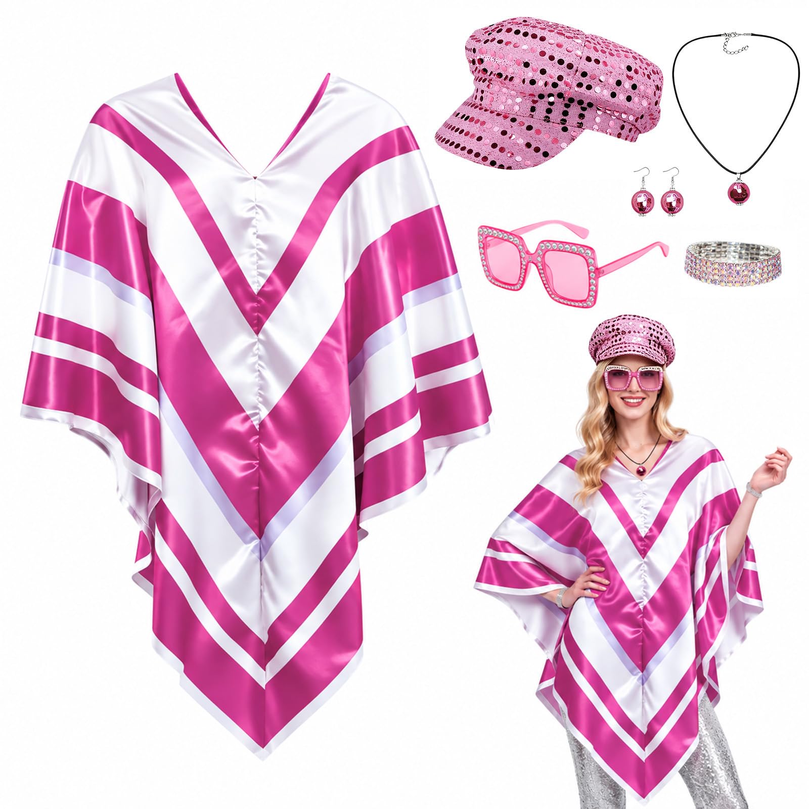 7Pcs 70s Fancy Dress Set for Women Retro Disco Costume Accessories Pink - Contains Poncho Sequin Beret Hat Bling Bracelet Sunglasses Earrings Necklace for 70s Retro Disco Theme Party Dress Up
