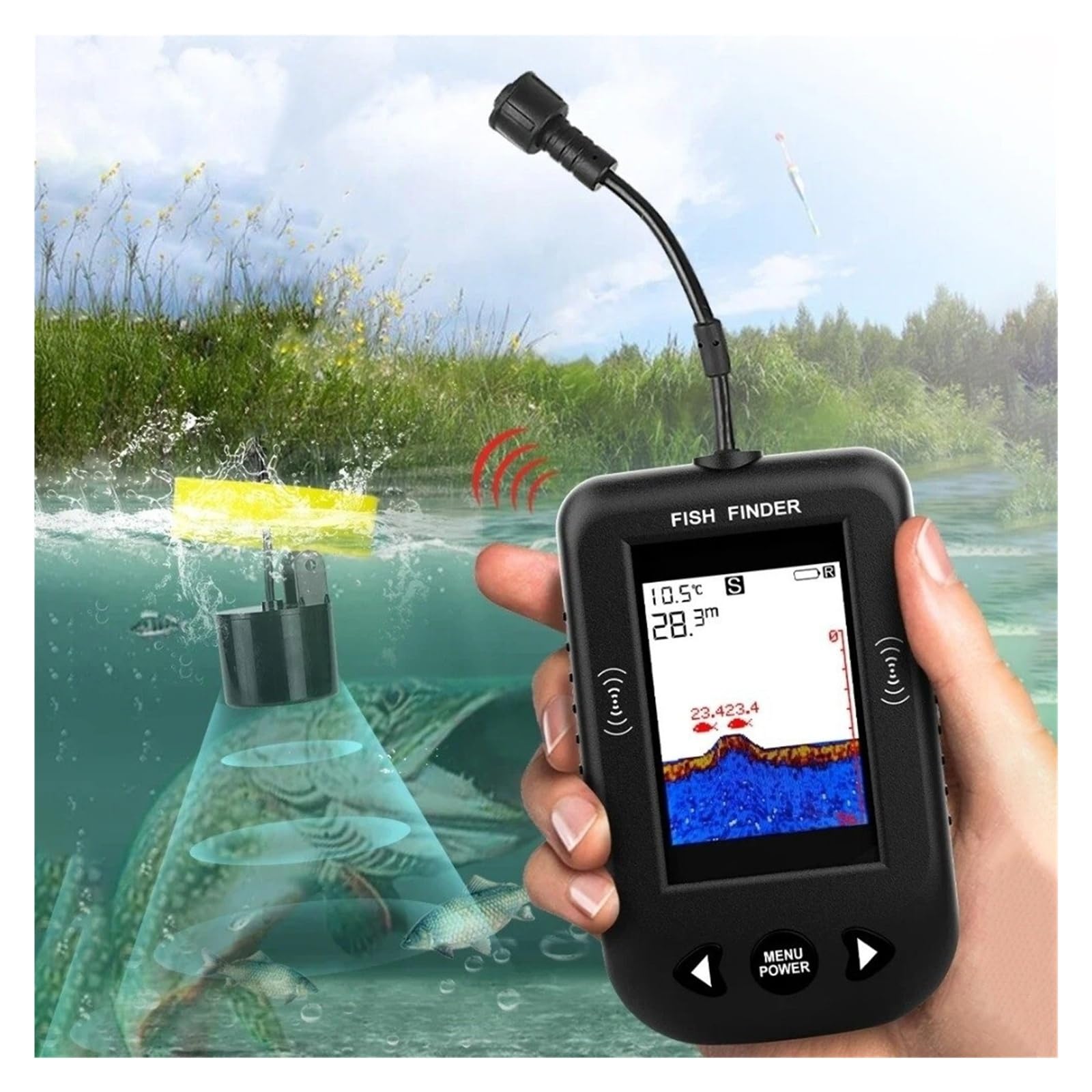 Detector de Peces, 45 Grados de buscadores Peces Pantalla LCD Sonar portátiles Profundidad 100M