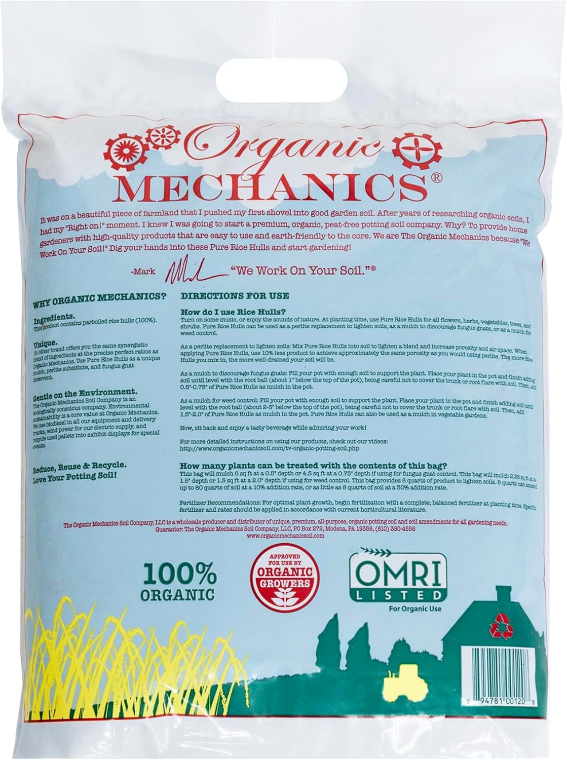Organic Mechanics Pure Rice Hulls, 8 qt (Pack of 4) - Sustainable Alternative to Perlite - Enhances Drainage, Porosity and Air Space - Eco-Friendly