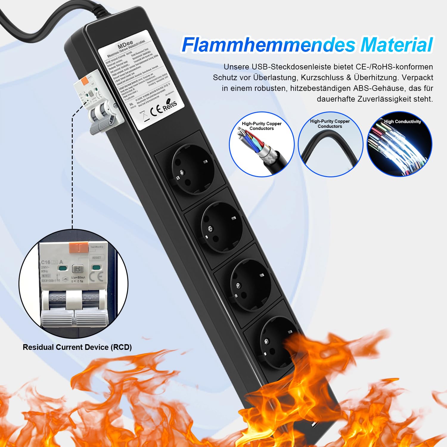 MDee Ciabatta con USB e interruttore differenziale (RCD), 4 prese multiple con salvavita, prolunga cavo 3 m, 3680 W / 16 A, protezione da sovratensioni, ciabatta da parete, per laptop, ufficio