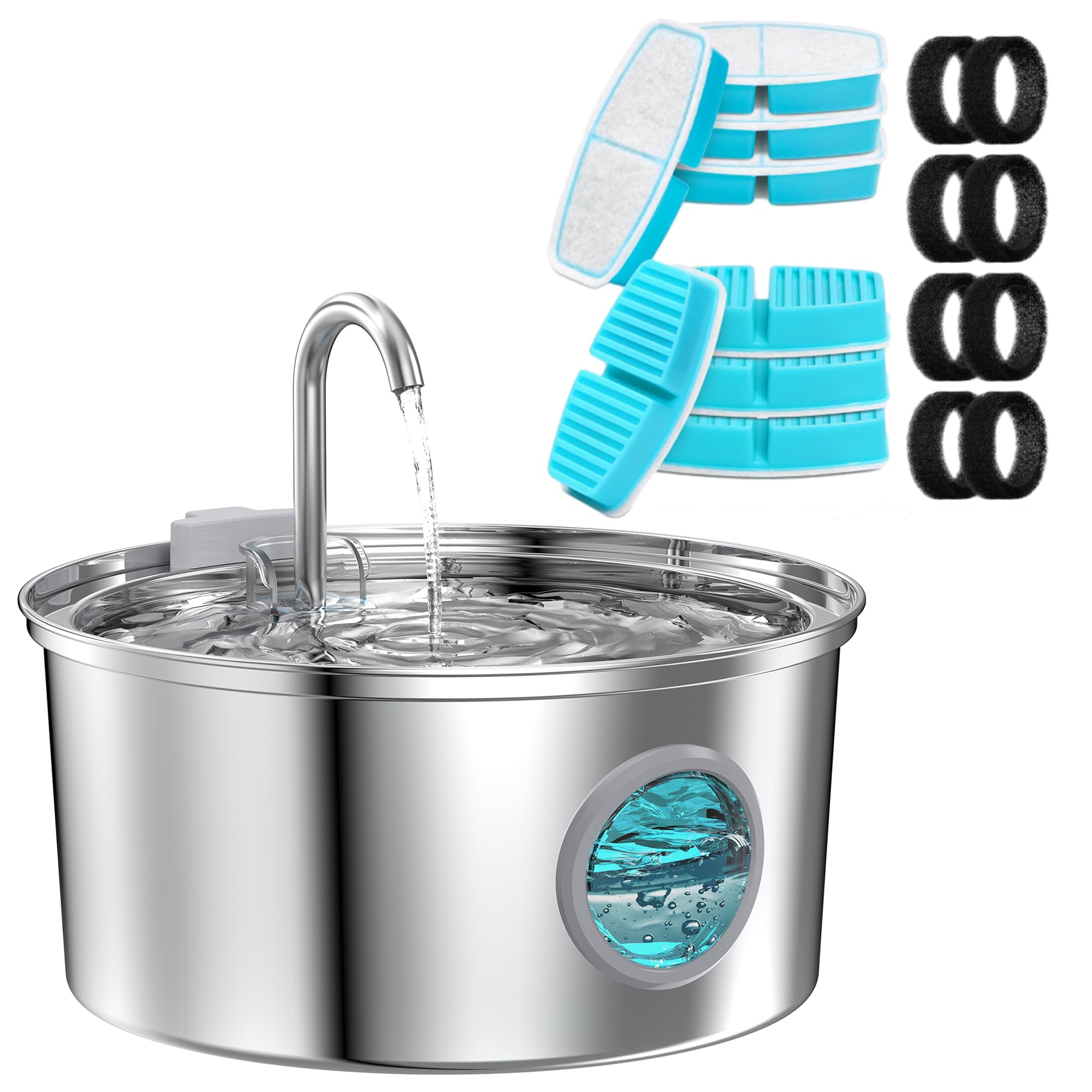 FOFNON Cat Water Fountain with 16 Filters, Including 8 Pieces of Filters + 8 Pieces Sponges