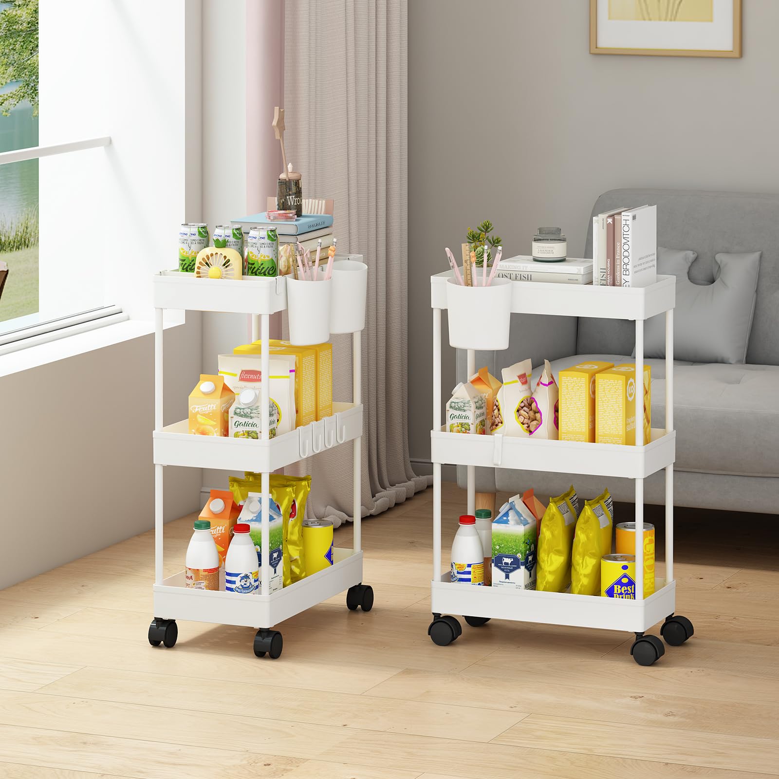 Pack of 3 Carrito Auxiliar Baño con Ruedas 3 Niveles Ahorro de Espacio Carro Organizador con Ganchos y Tazas de Cocina Oficina (Blanco)