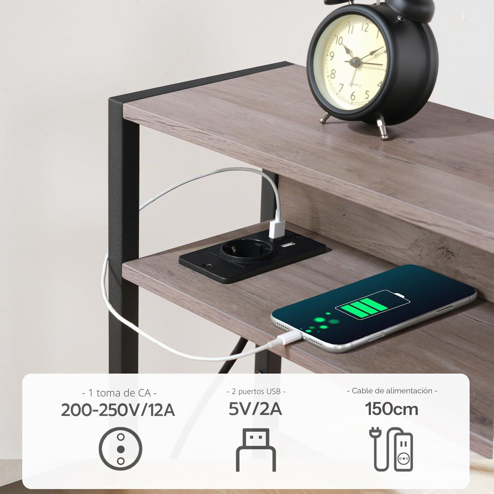 CHOEZON Mesa Auxiliar Estrecha, Mesita de Sofá con Base de Carga, Mesilla de Noche Estrecha, Mesita de Centro con 3 Niveles, Sala de Estar, Gris Envejecido DTBZ05CBH