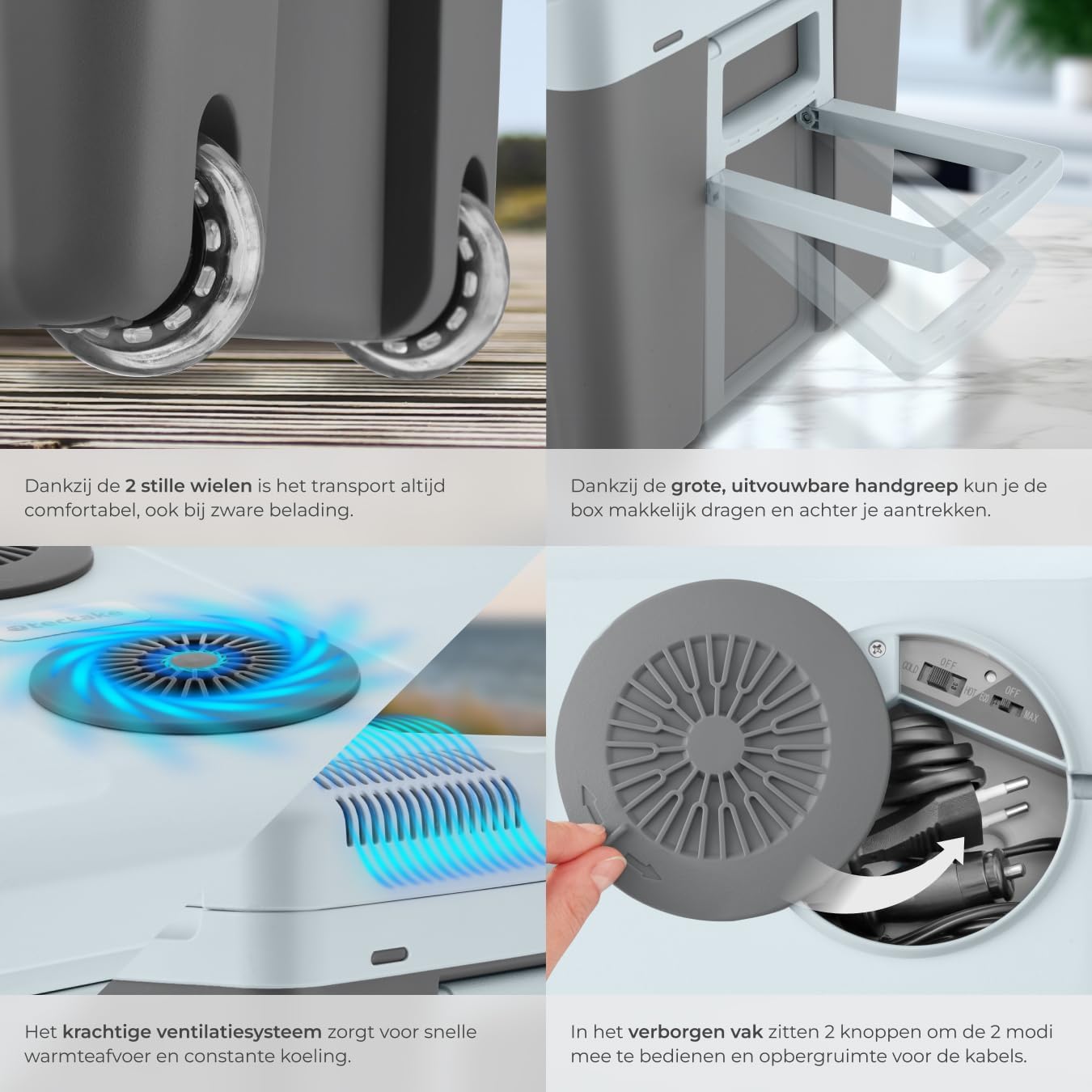 Detaillierte view of the tectake Electric Cooler and Warmer Box showing the silent wheels, extendable handle, powerful ventilation system, and hidden compartment for cable storage and mode selection switches.