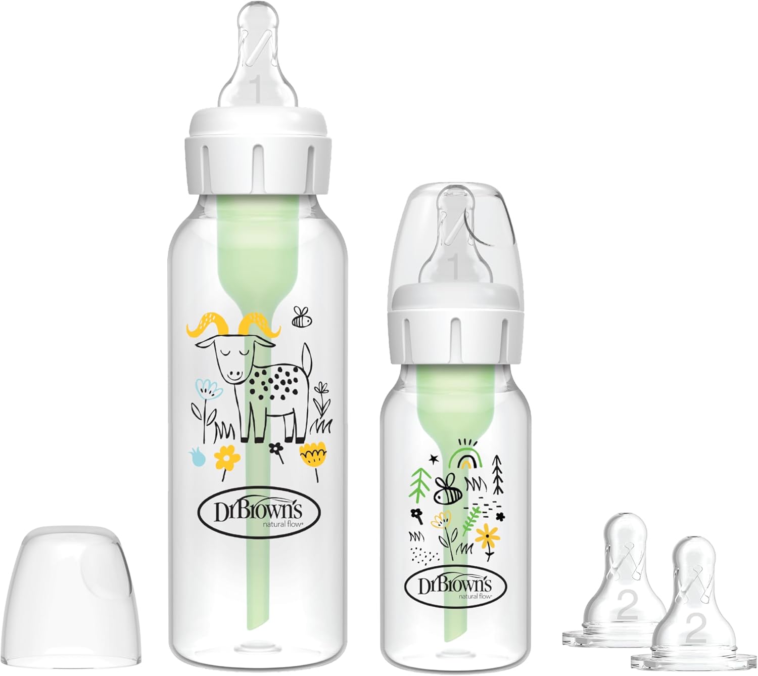 Dr Brown’s Natural Flow Anti-Colic Options+ Narrow Baby Bottle, Sampler Kit, 1x 4oz/120ml Bottle & 1x 8oz/250ml Bottles with Level 1 Slow Flow Teat, Kit Also Includes 2X Level 2 Medium Flow Teats