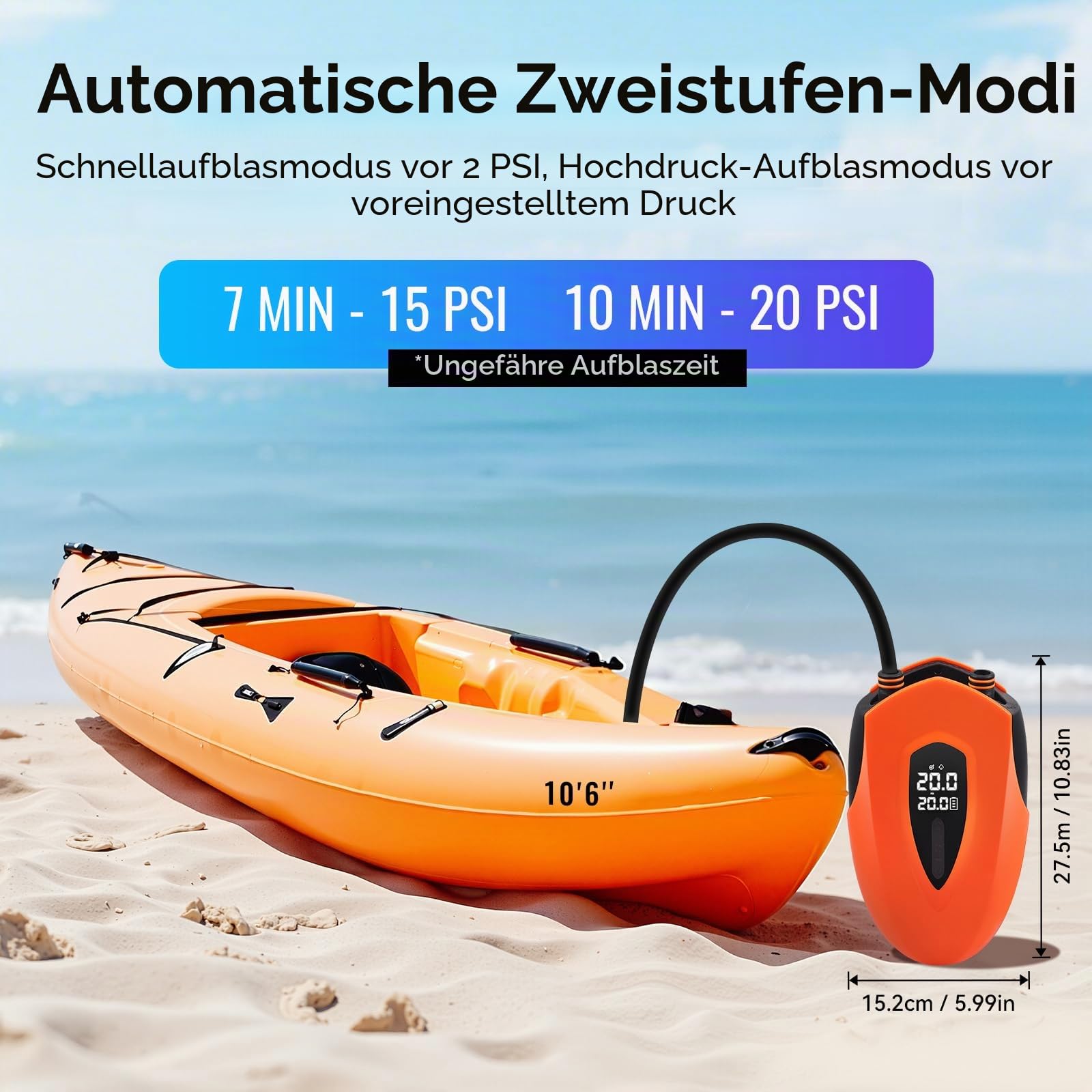 Elektrische Luftpumpe, 20 PSI Hochdruck Elektrische SUP Luftpumpe, 12000 mAh Wiederaufladbare Akku Luftpumpe, mit LED-Licht, 12 V DC, für Schlauchboot, Luftmatratze