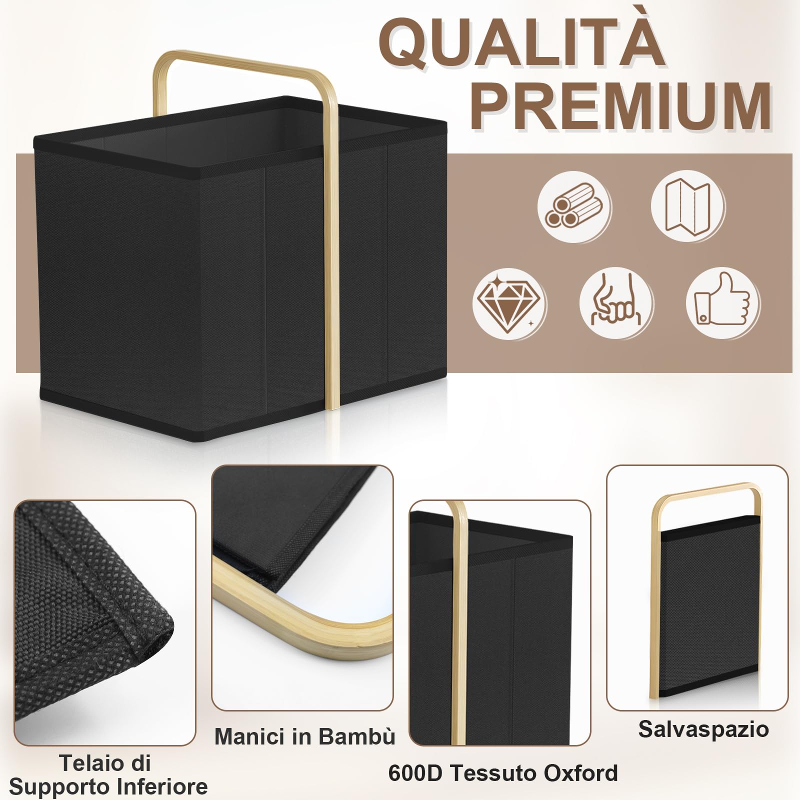 Cesto Portabiancheria Pieghevole, 50 l, Pieghevole in Tessuto Impermeabile, Pieghevoles, con Maniglie, Salvaspazio, per Lavanderia, Bagno e Appartamento (Nero)