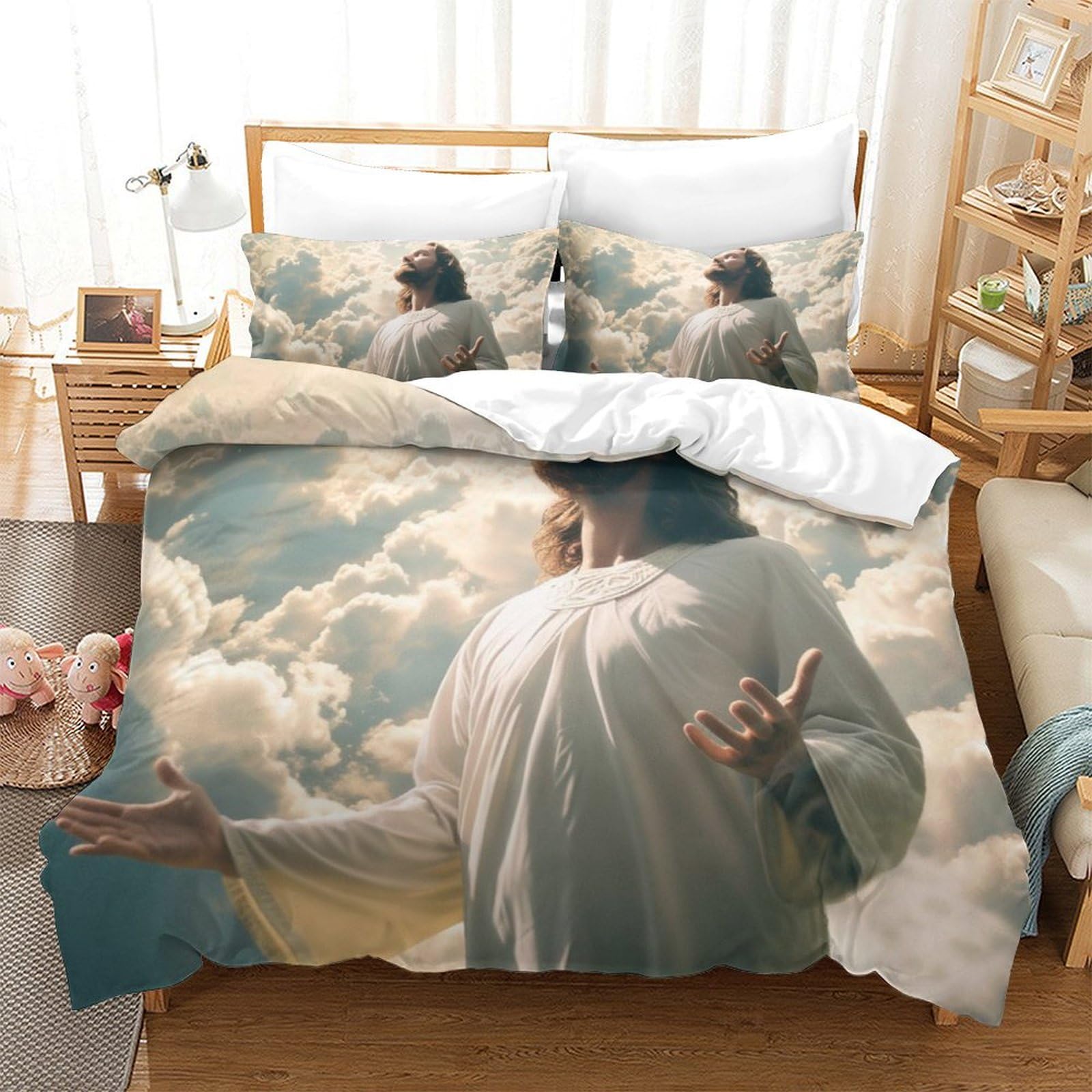 Housse de couette Jésus 3D anti-plis et facile d'entretien pour grand lit de taille 260x220cm