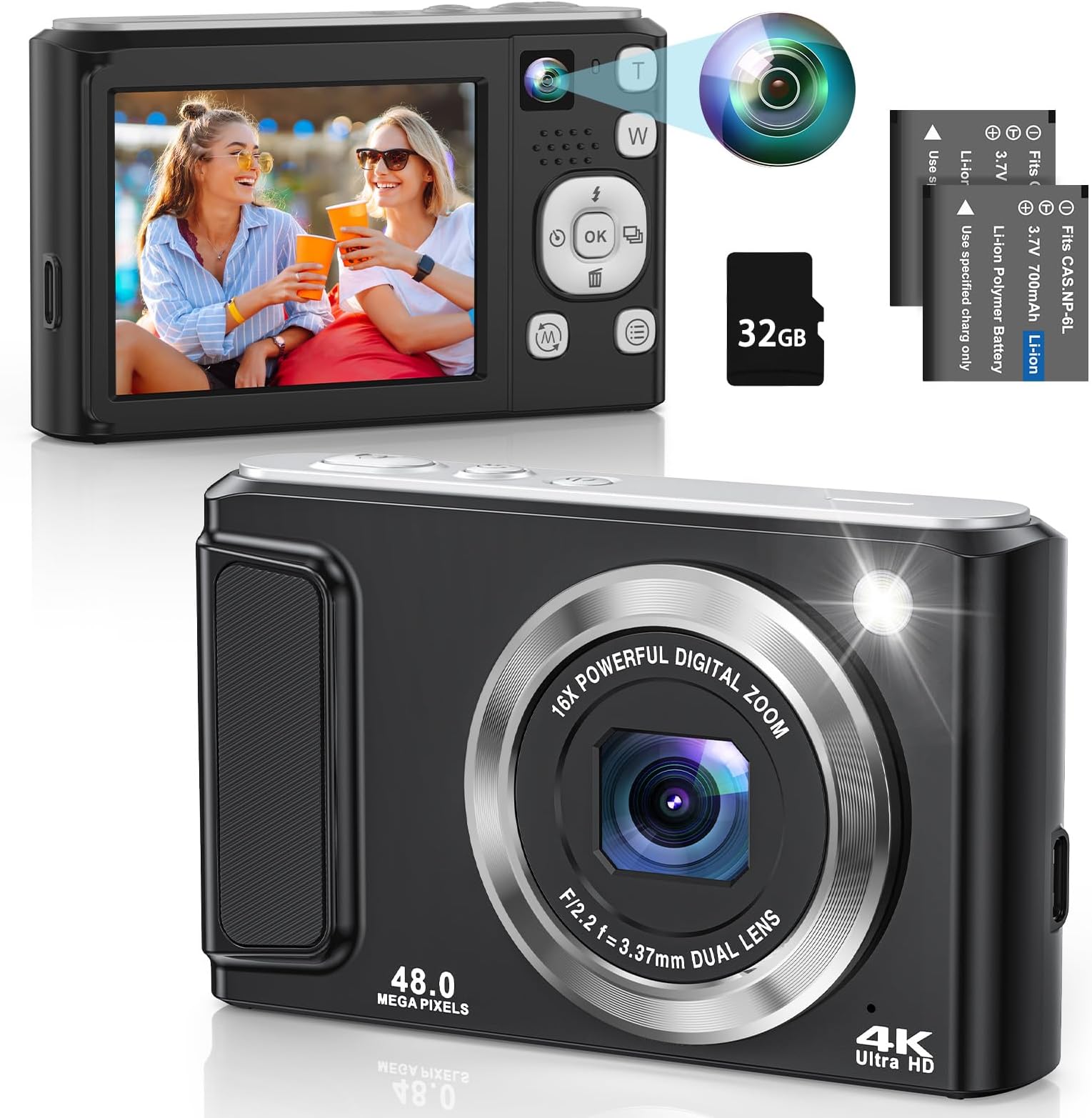 4K Digital Camera for Photography with Front and Rear Lens,48MP Autofocus Vlogging Camera with Flash,Anti-Shake & 16X Zoom for Teens,Adults