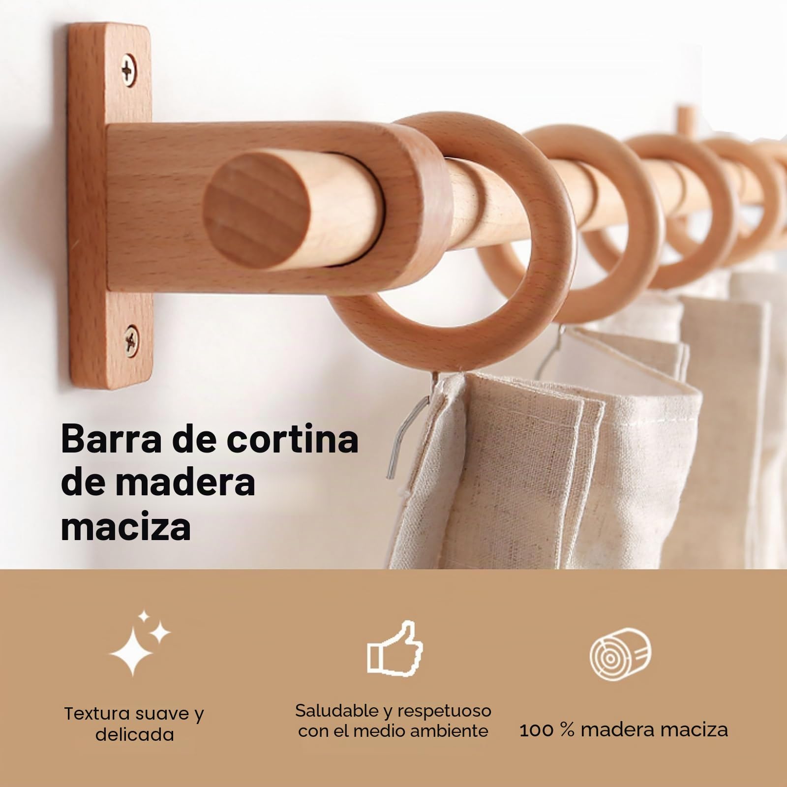 Barra Cortina Madera de Haya | Ecológica, Silenciosa y Duradera | Varilla Simple con Montaje Lateral | Ideal para Salas, Dormitorios, Cocinas y Comedores(140 cm (2 Brackets))