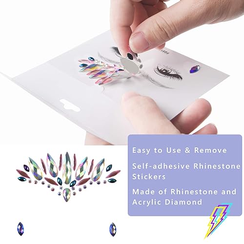 Miniatura 3 de Juego de 6 calcomanías faciales con purpurina para la cara, diseño de diamantes de imitación autoadhesivos, decoraciones temporales para festivales