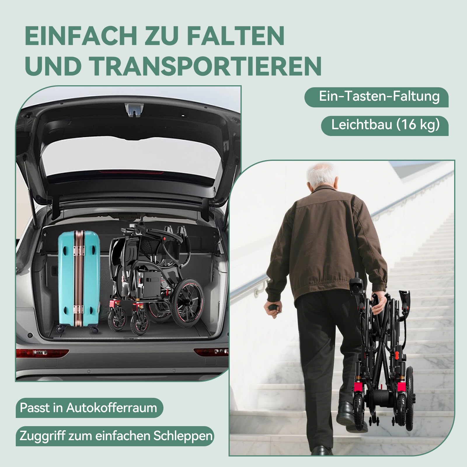 Elektrischer Rollstuhl Faltbar, Kohlefaser, 16 kg Leichtgewicht (ohne Akku), 25 km Reichweite, 150 kg Tragfähigkeit, 500W Motor, Abnehmbarer Lithium-Akku, Für Erwachsene – Ideal für Reisen & Alltag