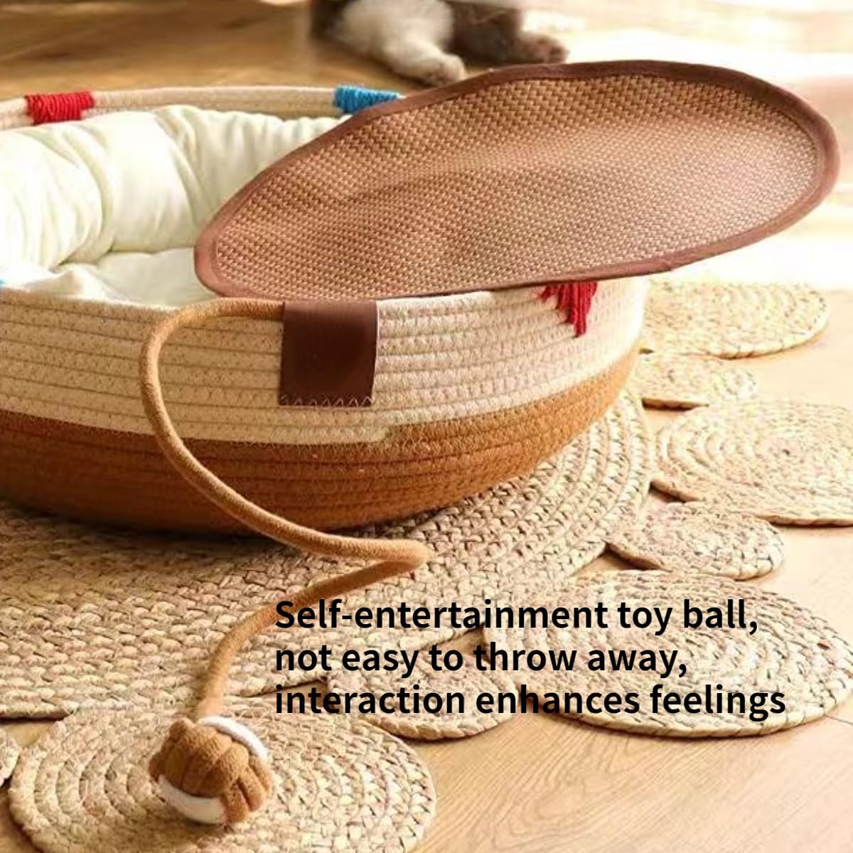 review Handwoven Cotton Rope Bed Cat Bed Cat Hammock Foldable Sleeping Nest Basket Handmade Natural Cradle Scratcher Cuddler for Kitten Cute Style with a Playing Rope Ball (Nest with White Set,Large)