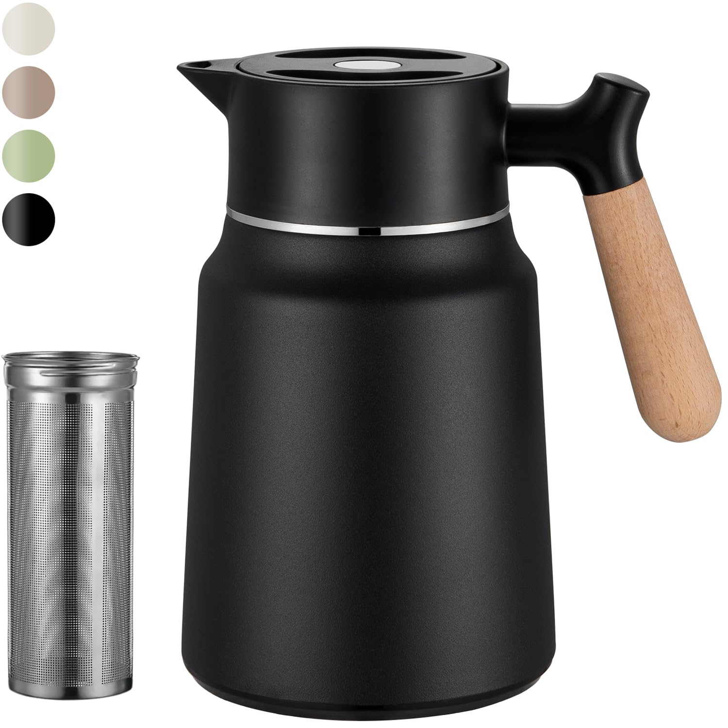 VETIN Thermo, thermos da 1,5 l, con filtro da tè, teiera con inserto per colino, Thermo, caffettiera termica 304, in acciaio inox, con manico effetto legno, 10 ore, 16 ore di freddo (nero)