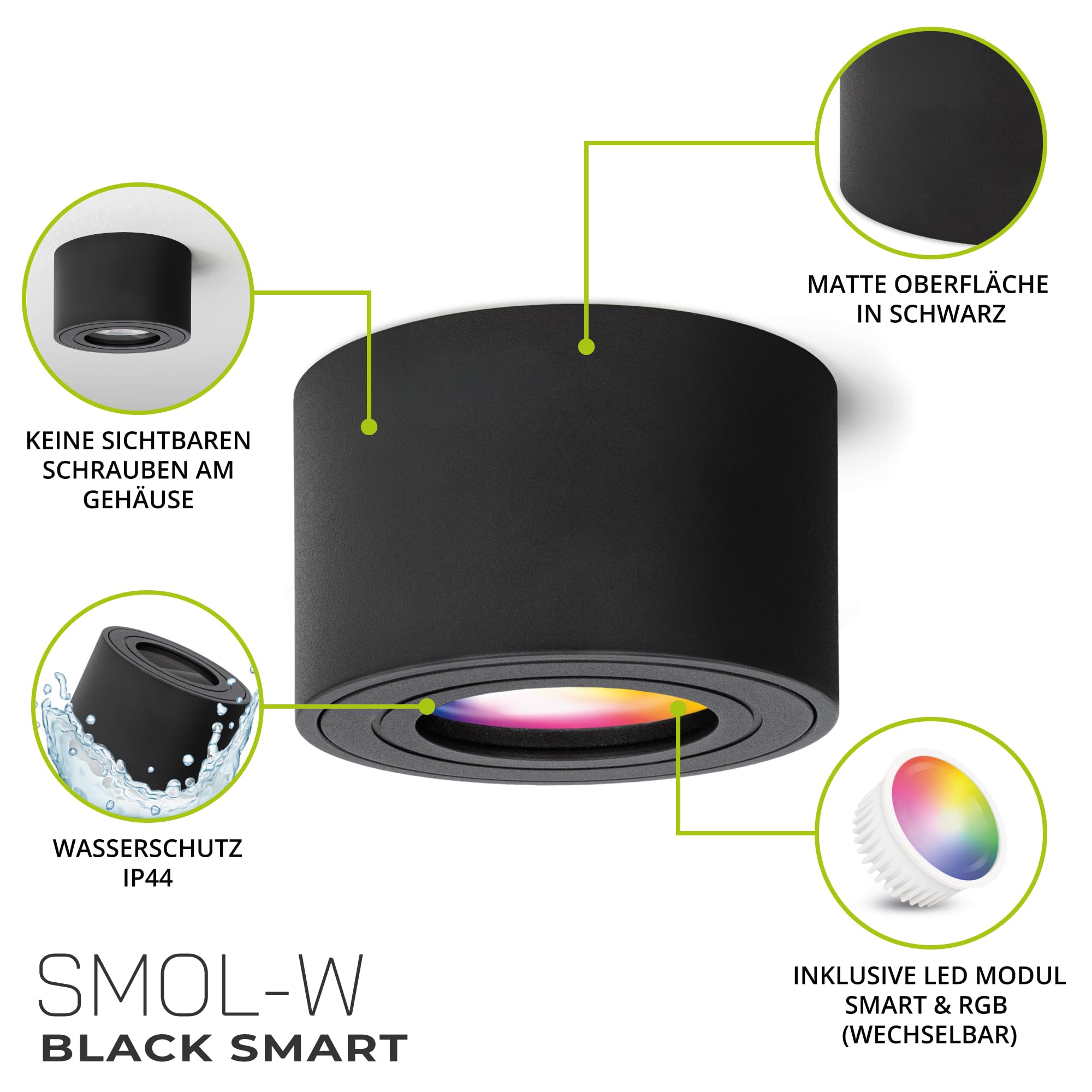 linovum SMOL Aufbauspot 6er Set schwarz rund IP44 Smart LED WLAN RGBW App