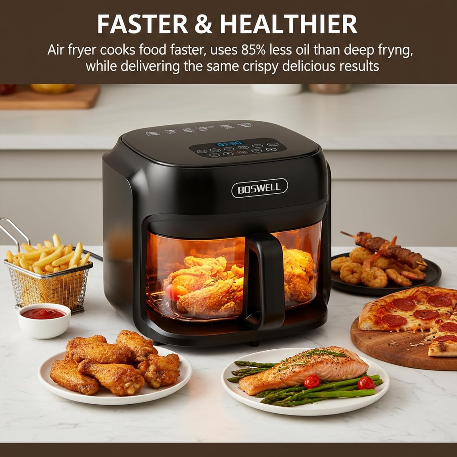 BOSWELL 7.5QT Glass Air Fryer, 6-IN-1 Preset Menue Air Fryer, Dehydration, Digital Touch Screen, Low Noise, Non-Stick and Easy To Clean(Deep black)