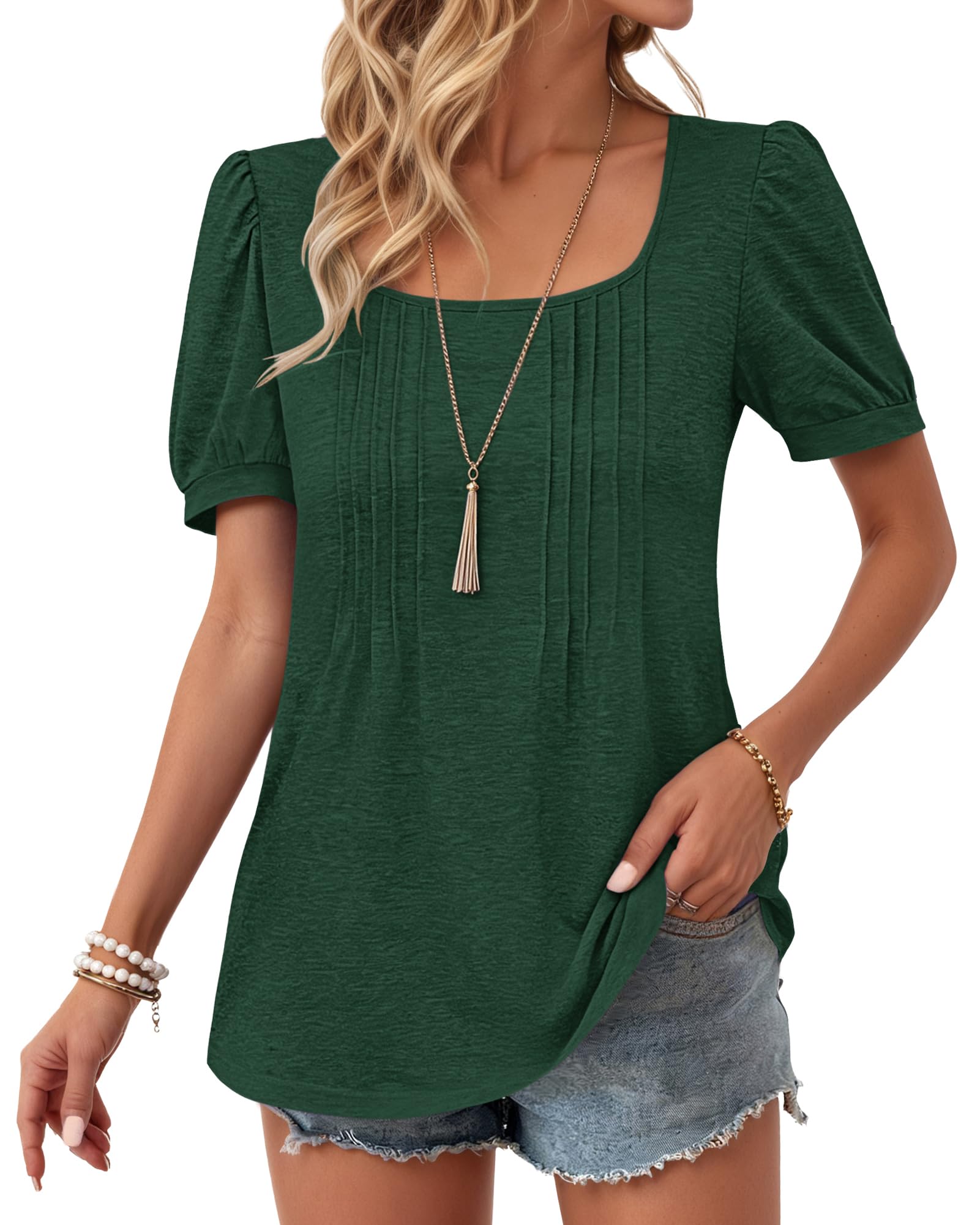 WNEEDU Womens Summer Tops Puff Short Sleeve Shirts Square Neck Loose Fit Casual Tunic Tops 2026 New