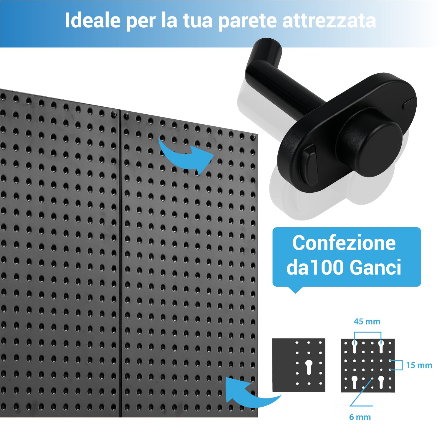 Crisalide® - Ganci Per Pannelli Forati Portautensili, Plastica O Ferro Zincato, Confezione Da 100 Pezzi - Resistenti e Facili Da Installare - Fissaggio Sicuro (Gancio Piccolo Plastica)