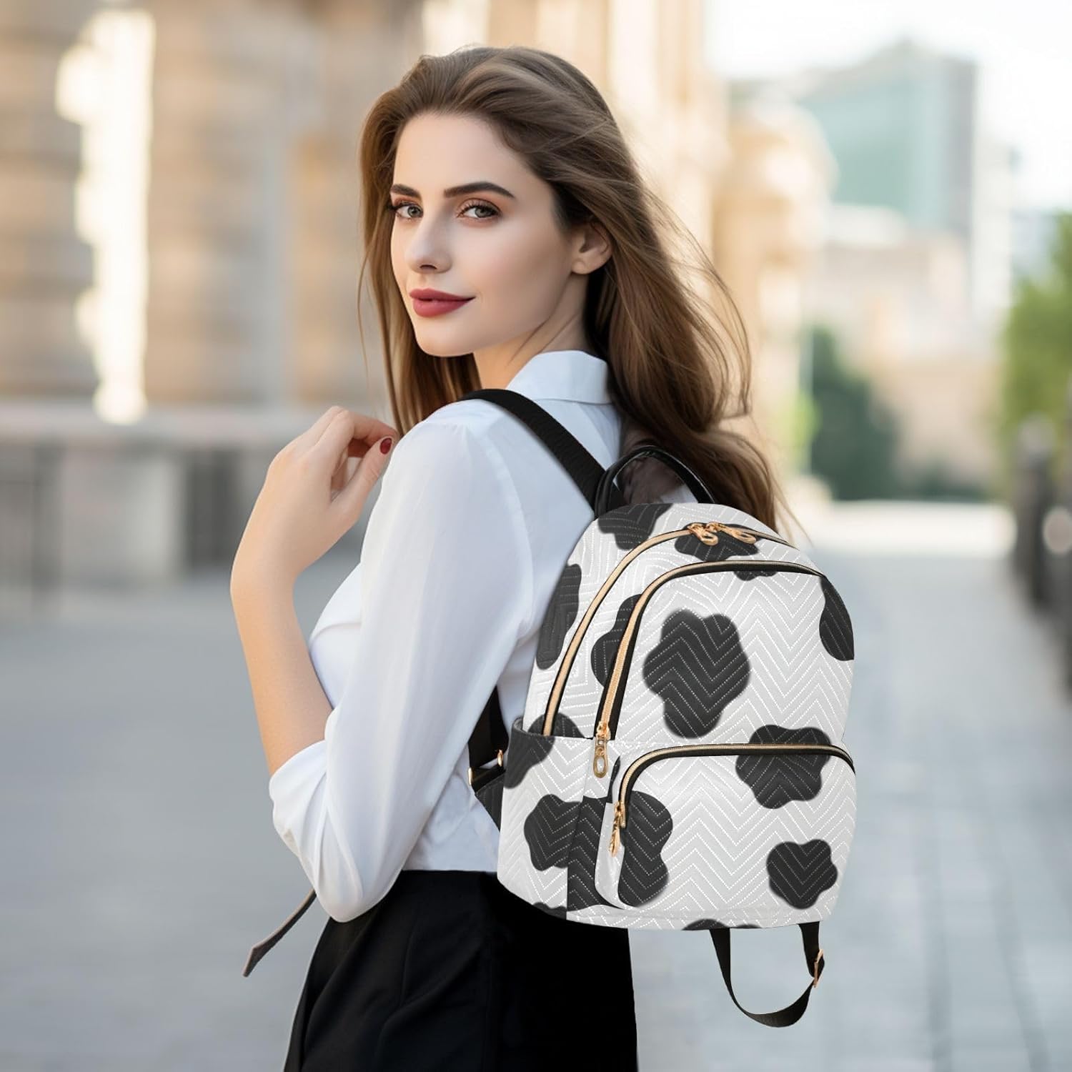 ODAWA Cow Spots White Casual Backpack, Women Backpacks Medium - Image 6